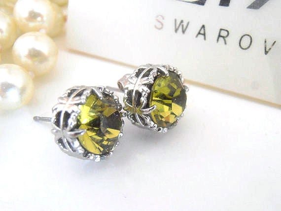 Khaki Green Crystal Earrings | Filigree Platinum Studs Birthday Gift 