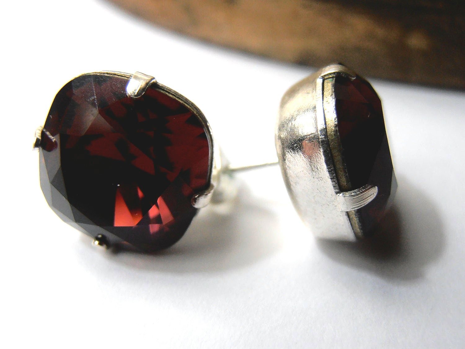 Red Burgundy Cushion Cut Stud Earrings in Silver