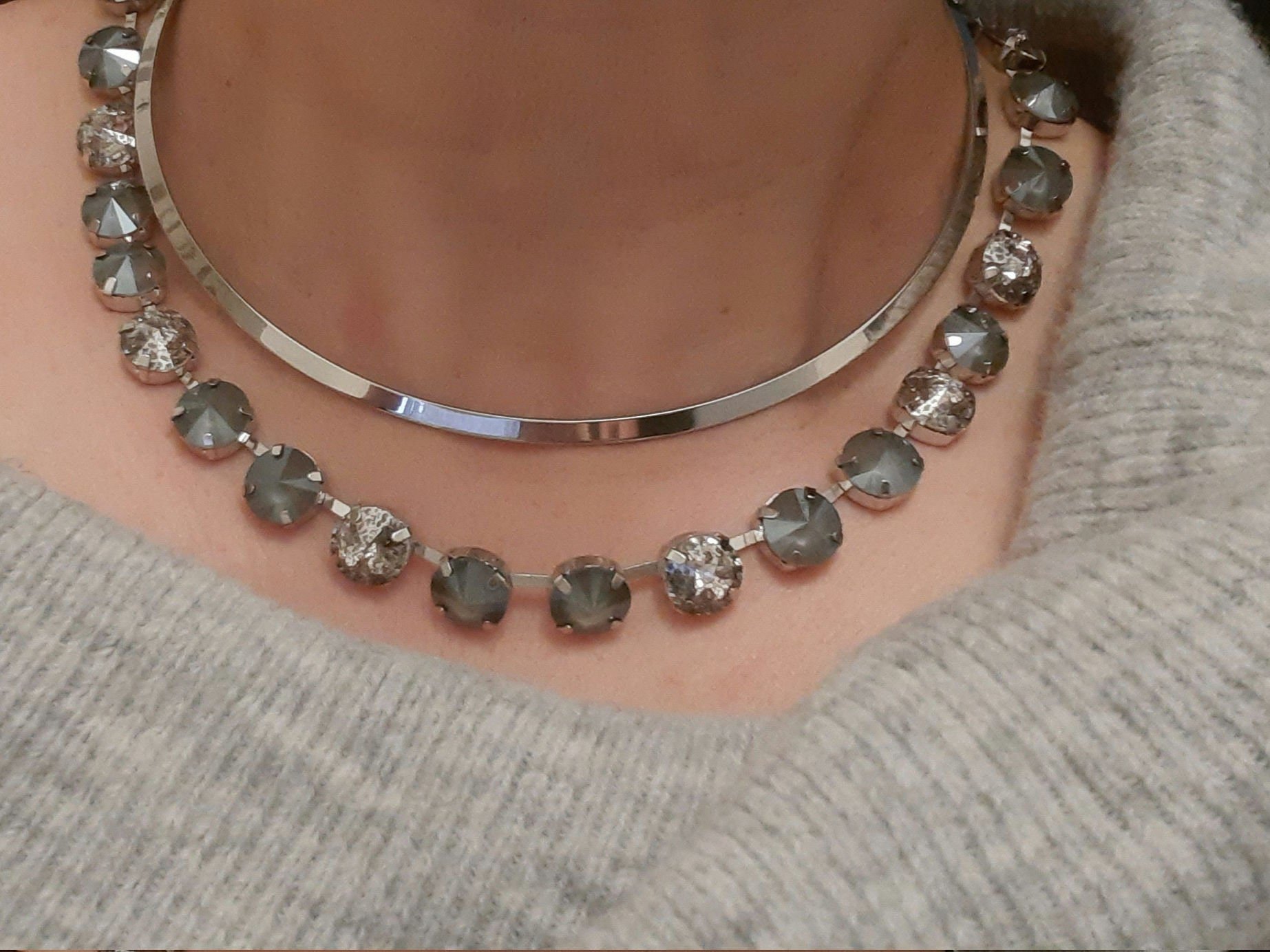 Grey Rivoli Crystal Choker: Silver Plated Tennis Necklace