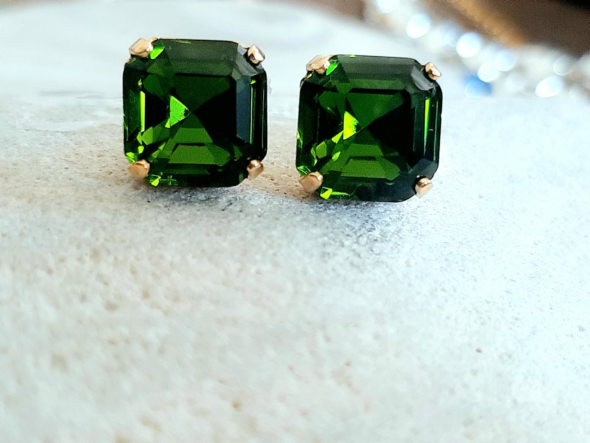 Olivine Imperial Cut Stud Earrings | Gold Square Crystal Earrings