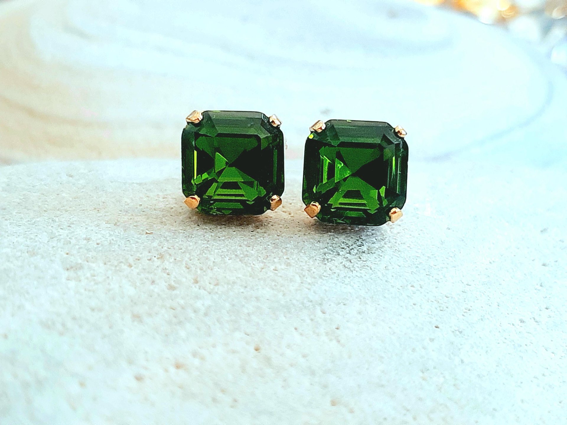 Olivine Imperial Cut Stud Earrings | Gold Square Crystal Earrings