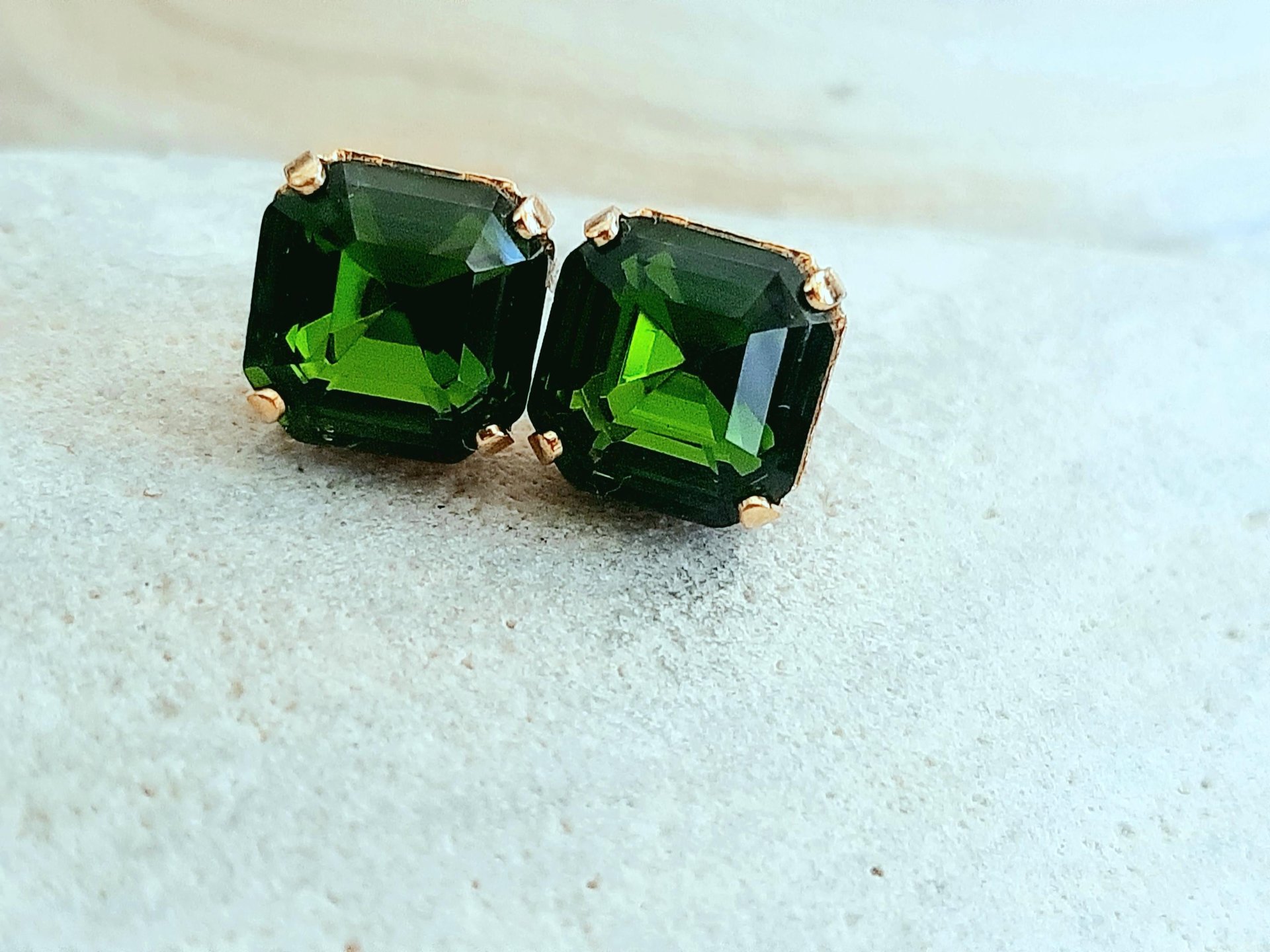 Olivine Imperial Cut Stud Earrings | Gold Square Crystal Earrings