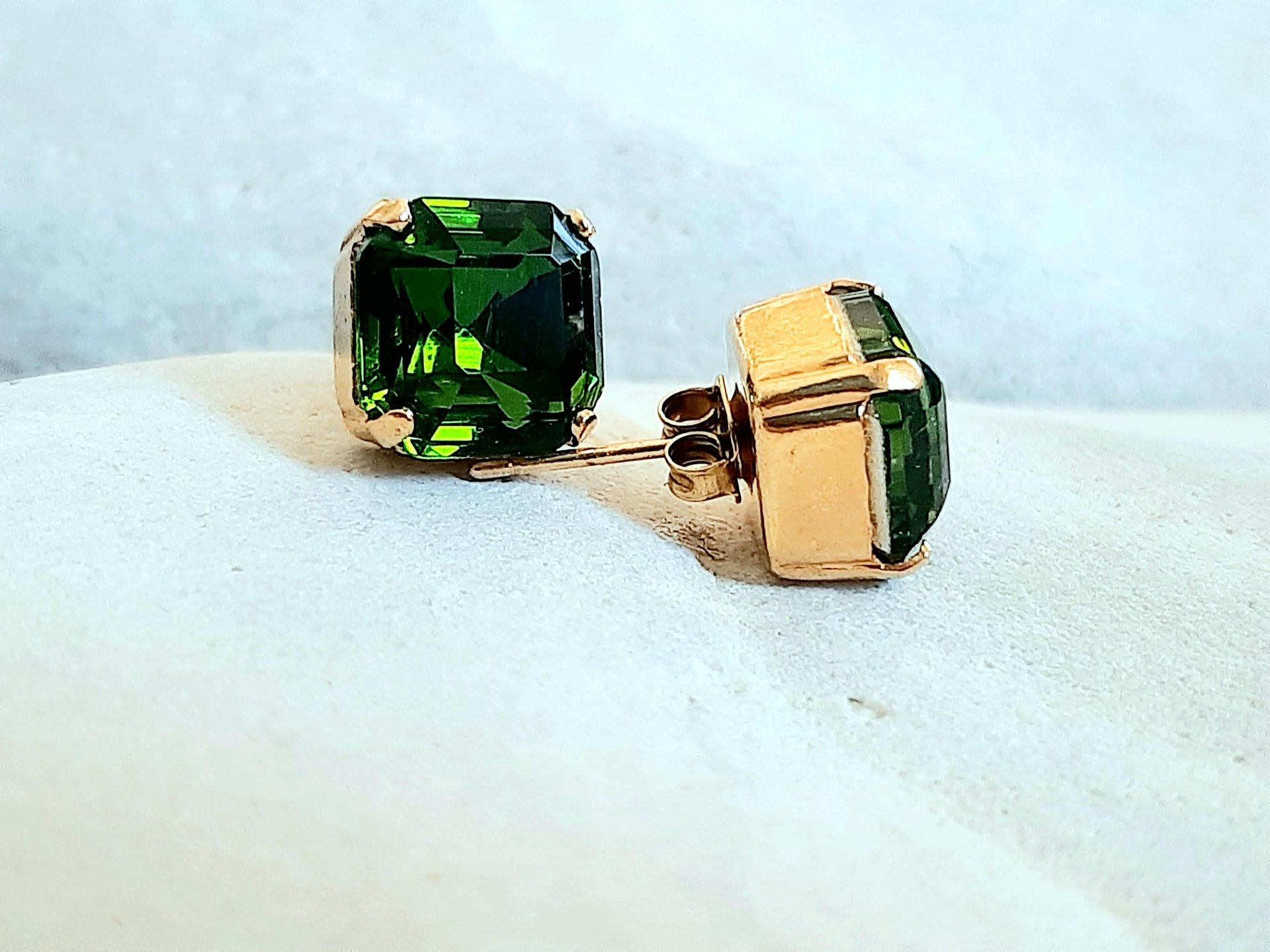Olivine Imperial Cut Stud Earrings | Gold Square Crystal Earrings
