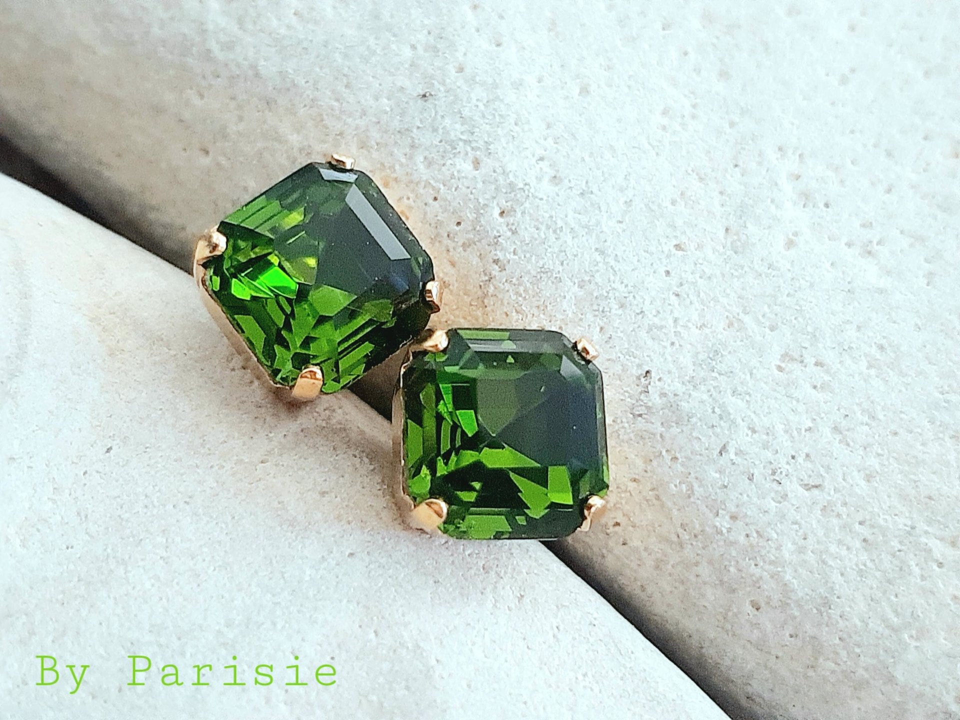 Olivine Imperial Cut Stud Earrings | Gold Square Crystal Earrings