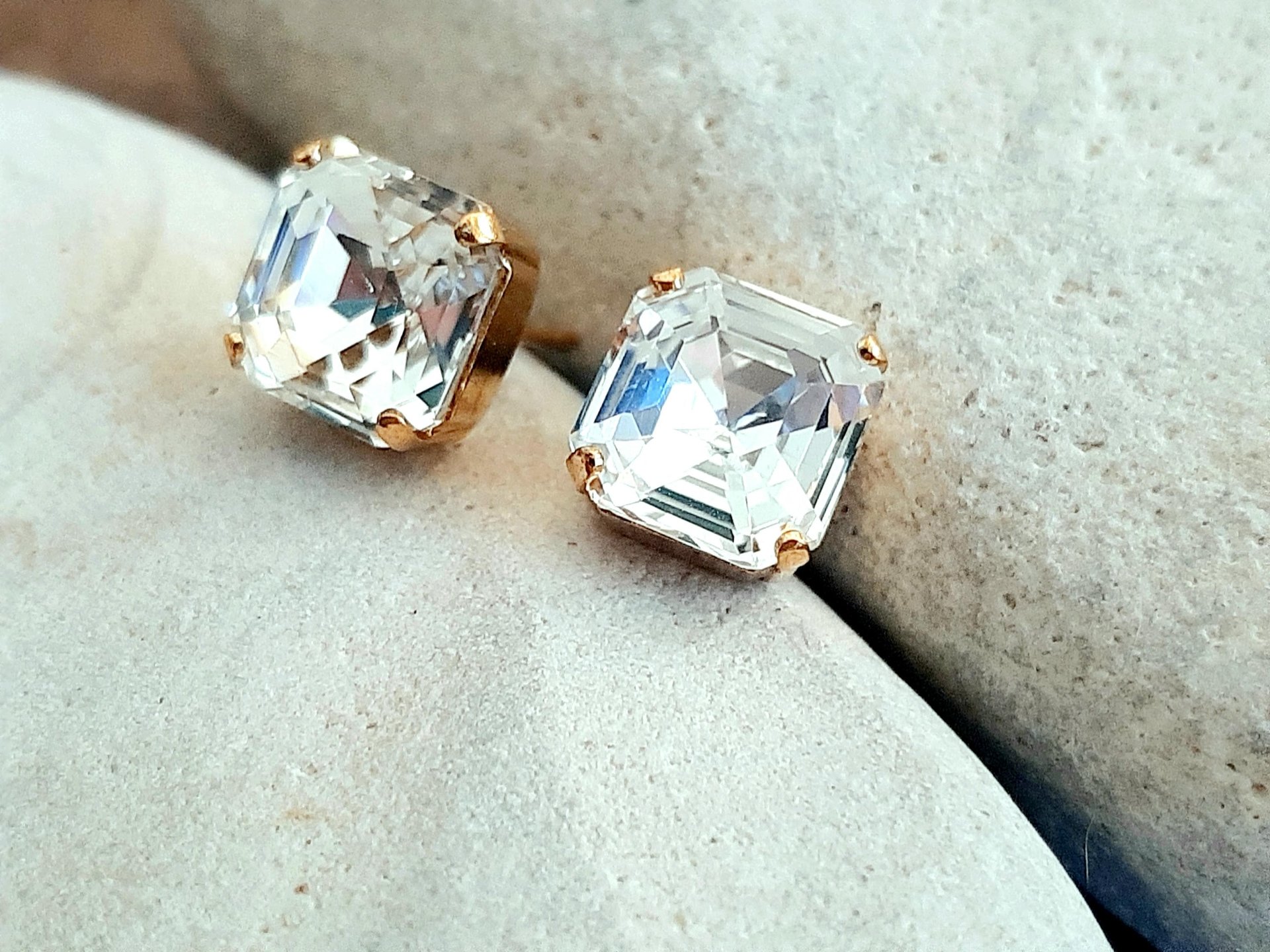 Square Crystal Stud Earrings | Gold Asscher Cut Wedding Day Earrings