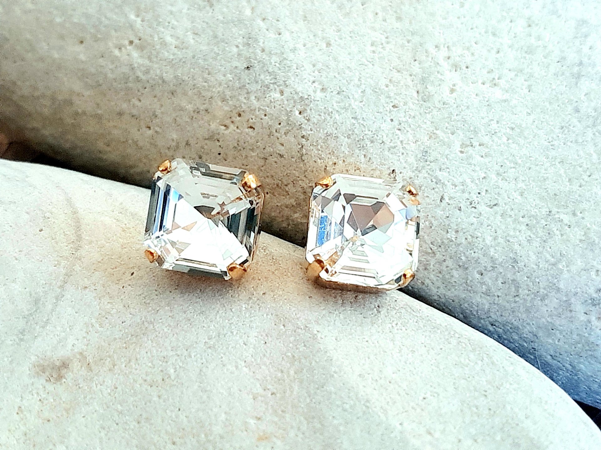 Square Crystal Stud Earrings | Gold Asscher Cut Wedding Day Earrings