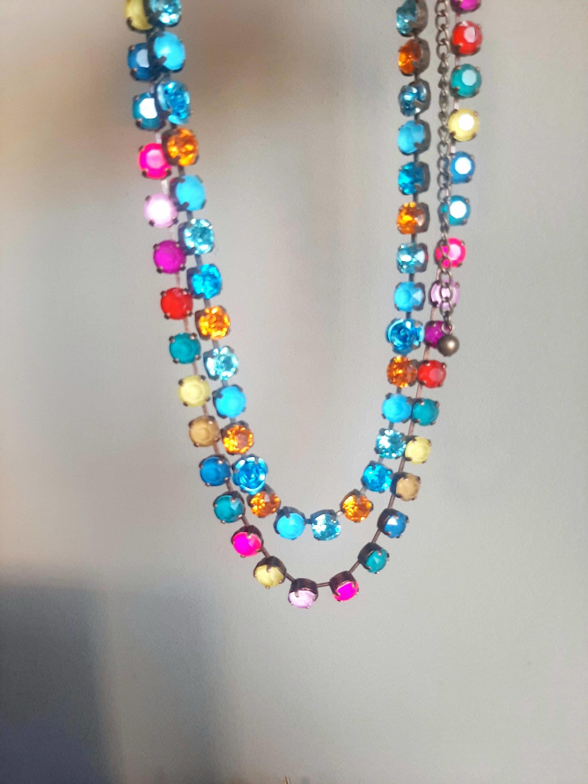 Multi-colored Rhinestone Tennis Necklace in Antique Copper Plated