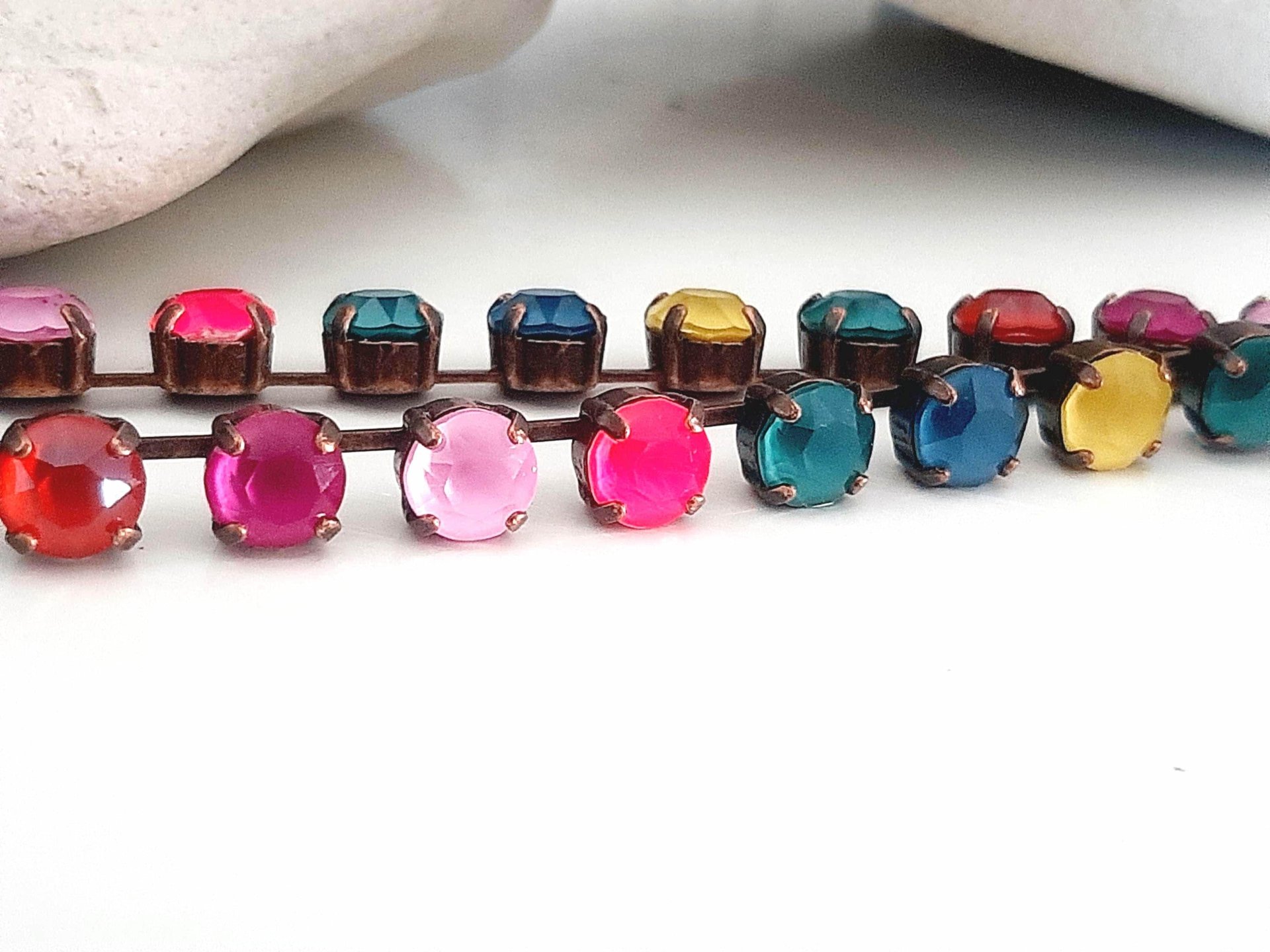 Multi-colored Rhinestone Tennis Necklace in Antique Copper Plated