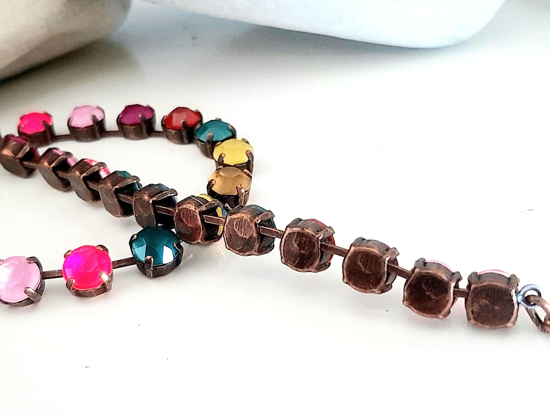 Multi-colored Rhinestone Tennis Necklace in Antique Copper Plated