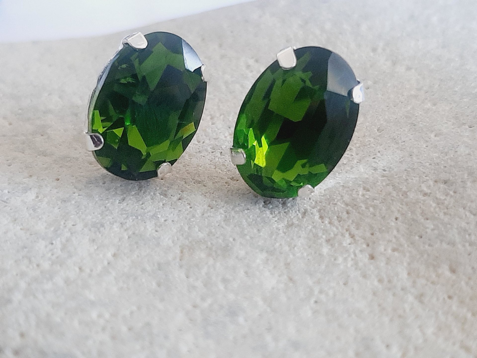 Olivine Oval Crystal Stud Earrings in Silver Plating | Olive Green Oval Studs