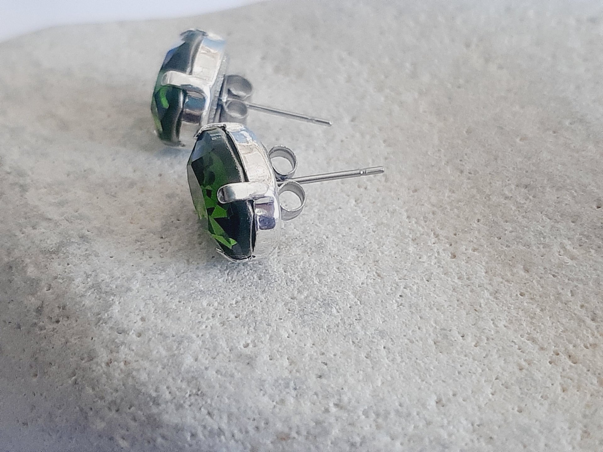 Olivine Oval Crystal Stud Earrings in Silver Plating | Olive Green Oval Studs