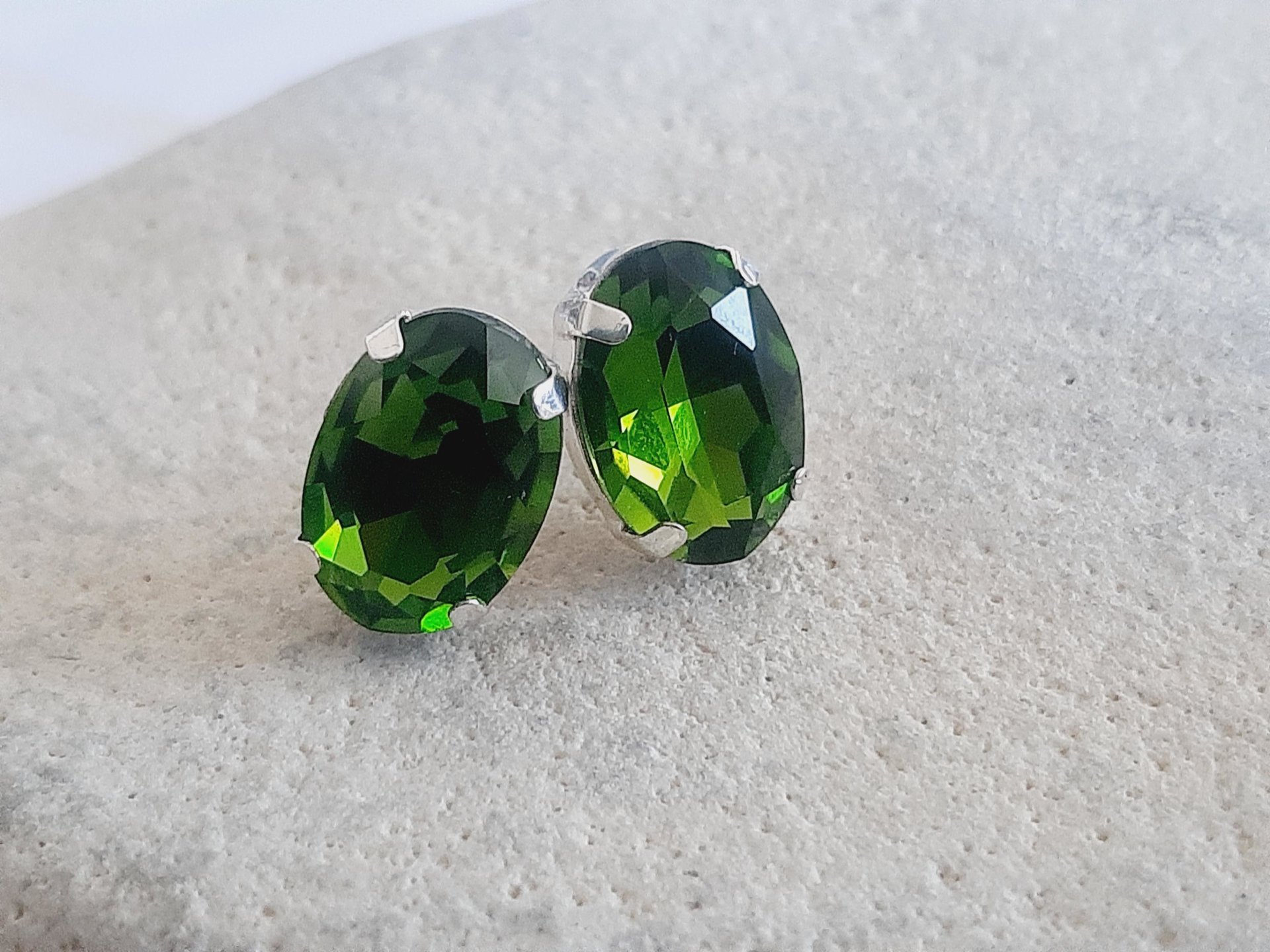 Olivine Oval Crystal Stud Earrings in Silver Plating | Olive Green Oval Studs