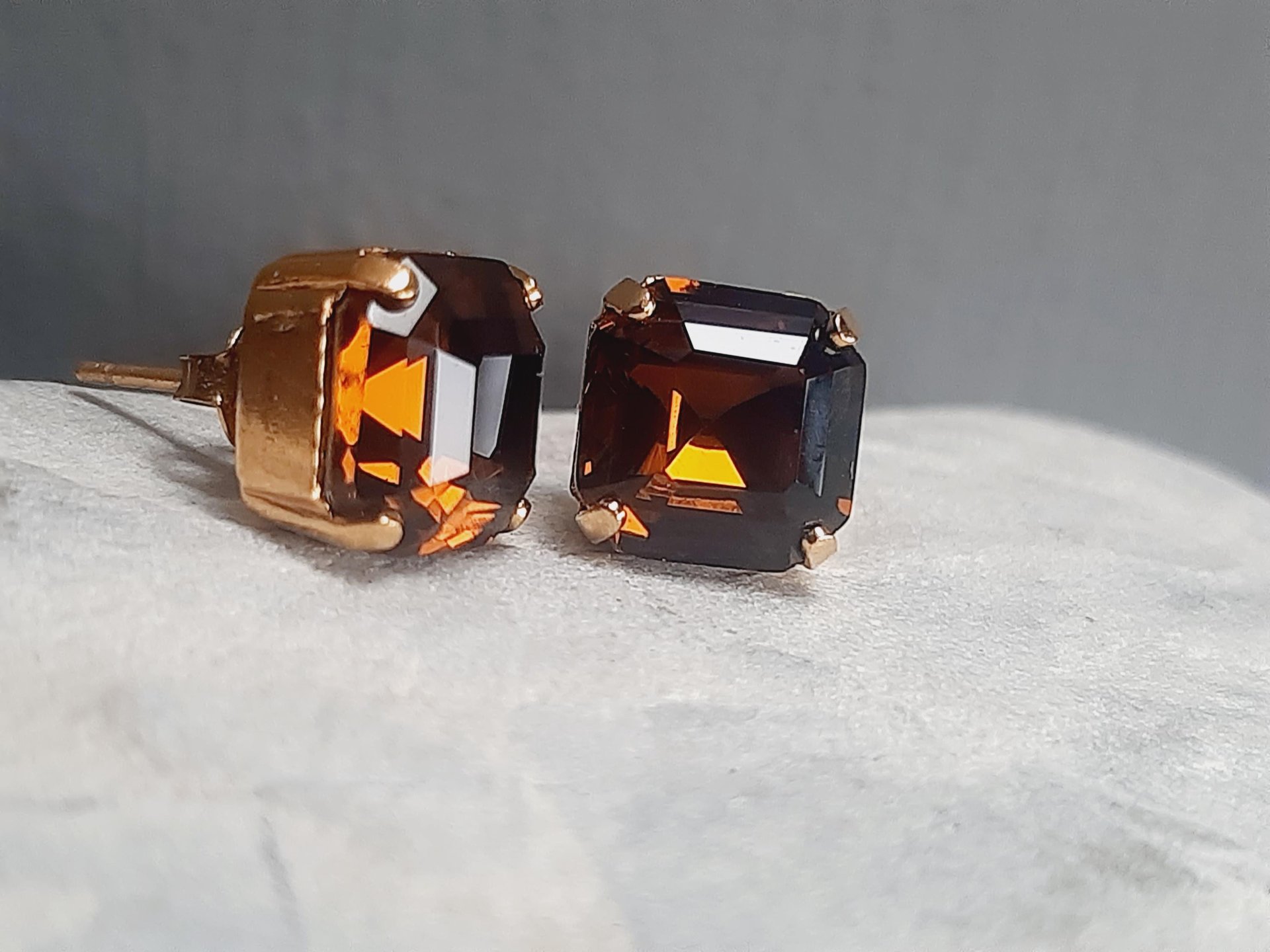 Mocca Brown Asscher Stud Earrings in Gold Plated