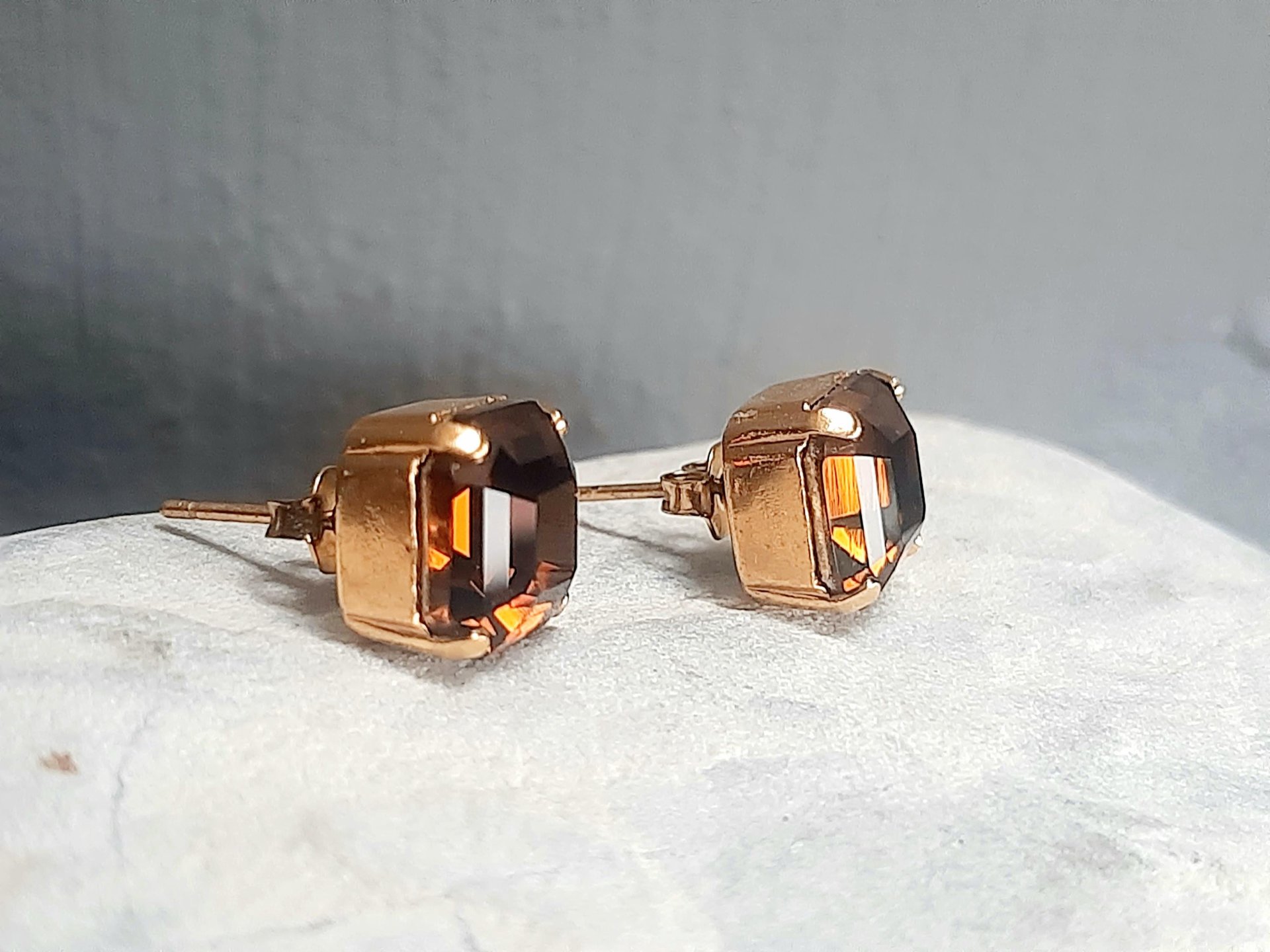 Mocca Brown Asscher Stud Earrings in Gold Plated