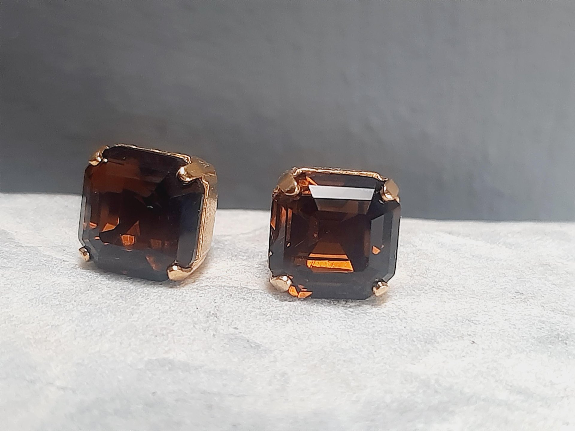 Mocca Brown Asscher Stud Earrings in Gold Plated