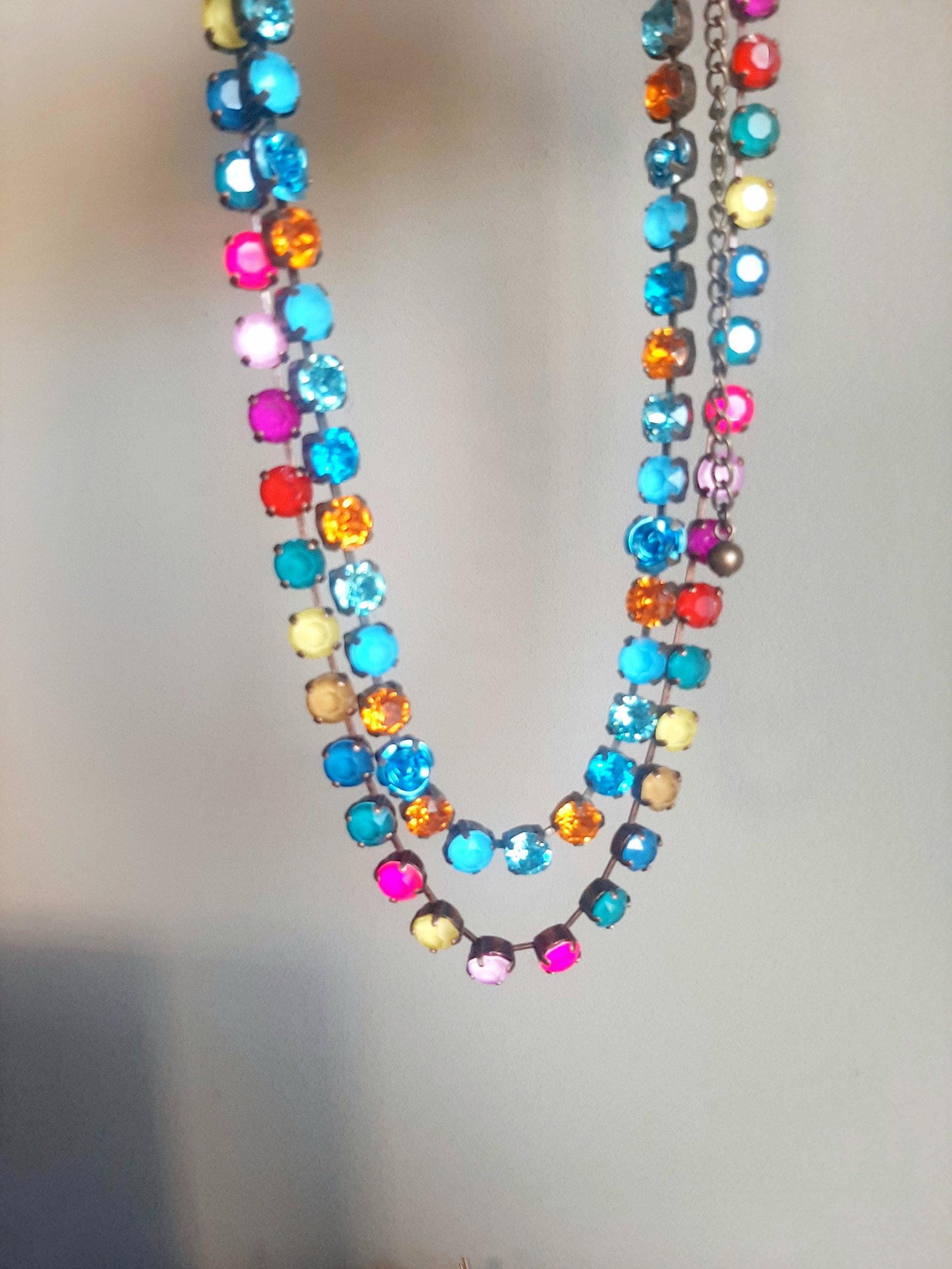 Multi-colored Rhinestone Tennis Necklace in Antique Copper Plated
