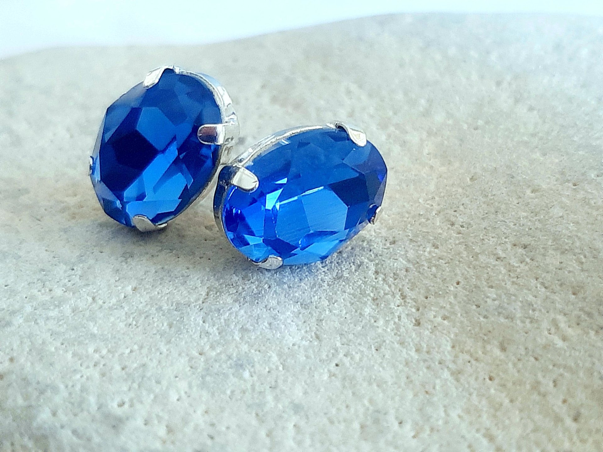 Blue Sapphire Oval Stud Earrings in Silver Plated