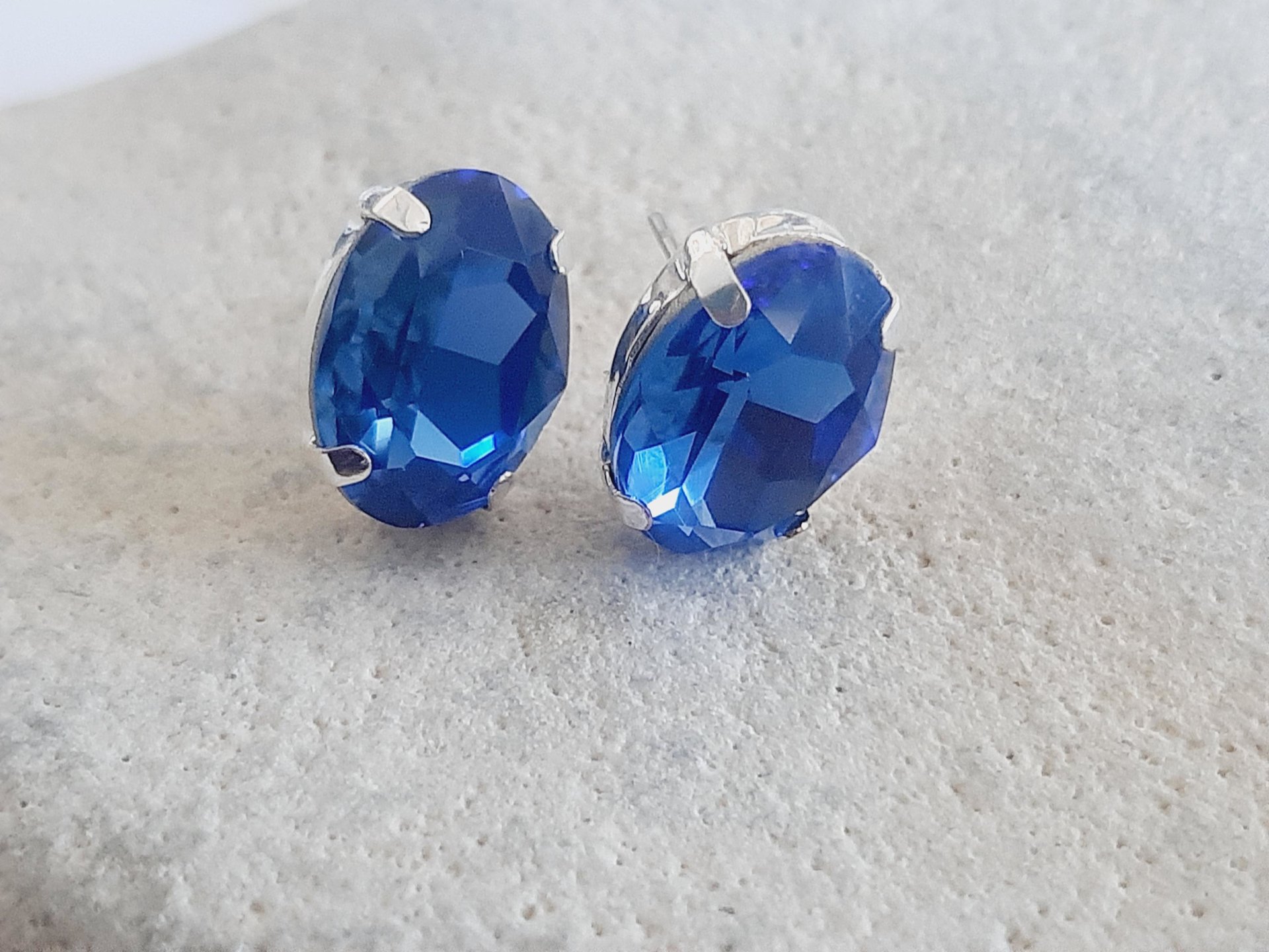 Blue Sapphire Oval Stud Earrings in Silver Plated
