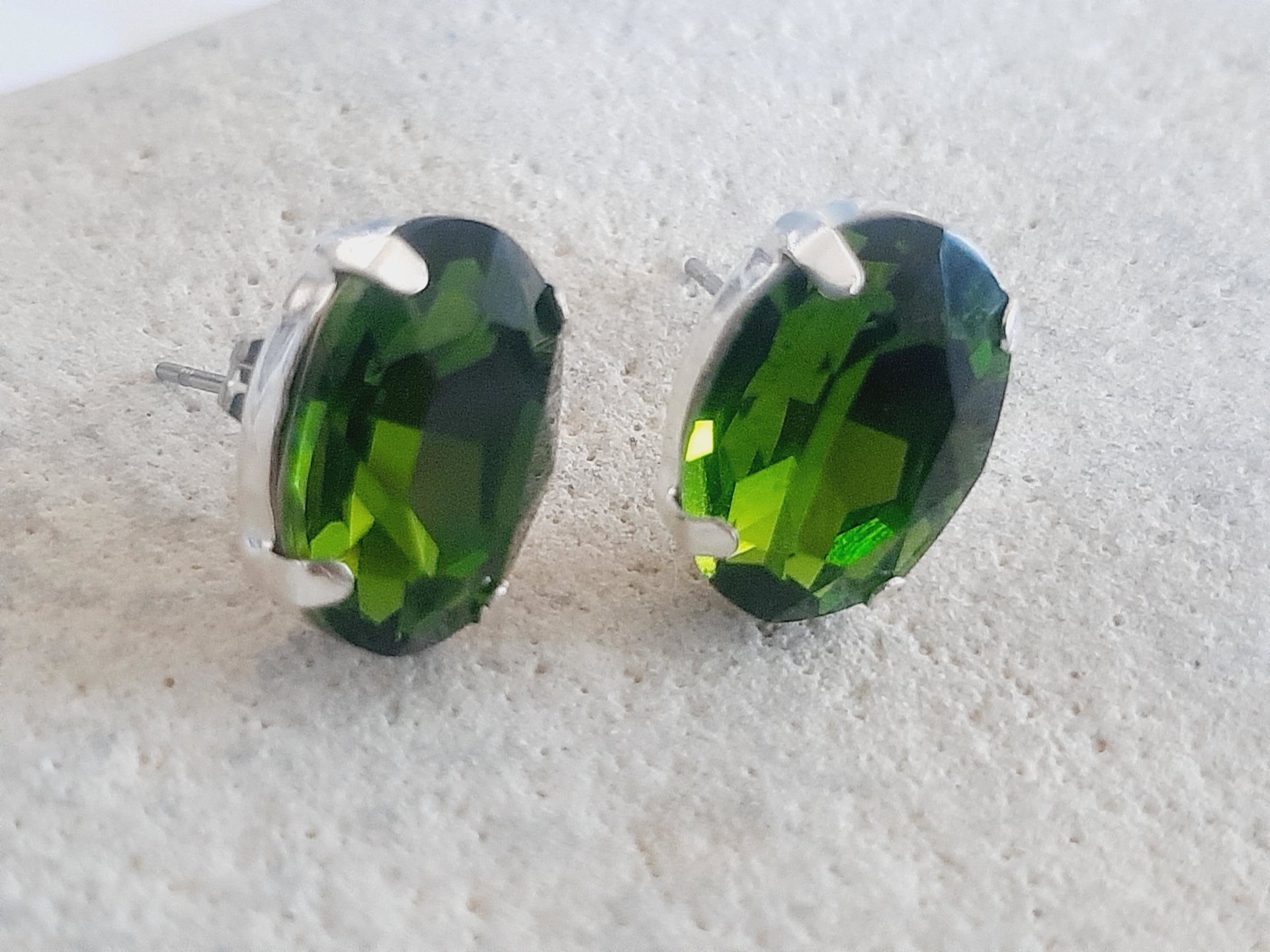 Olivine Oval Crystal Stud Earrings in Silver Plating | Olive Green Oval Studs