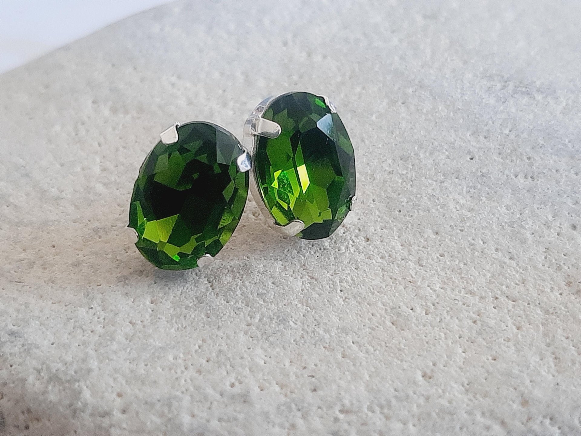 Olivine Oval Crystal Stud Earrings in Silver Plating | Olive Green Oval Studs