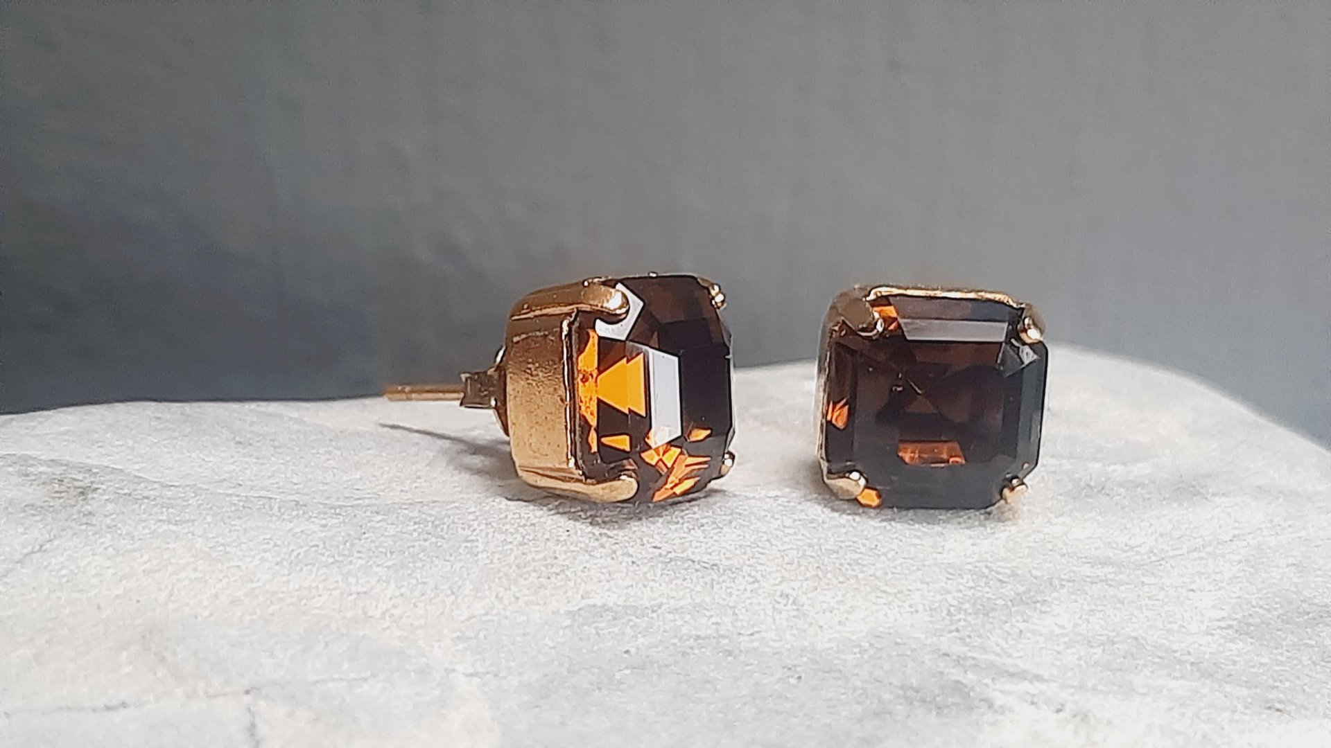 Mocca Brown Asscher Stud Earrings in Gold Plated
