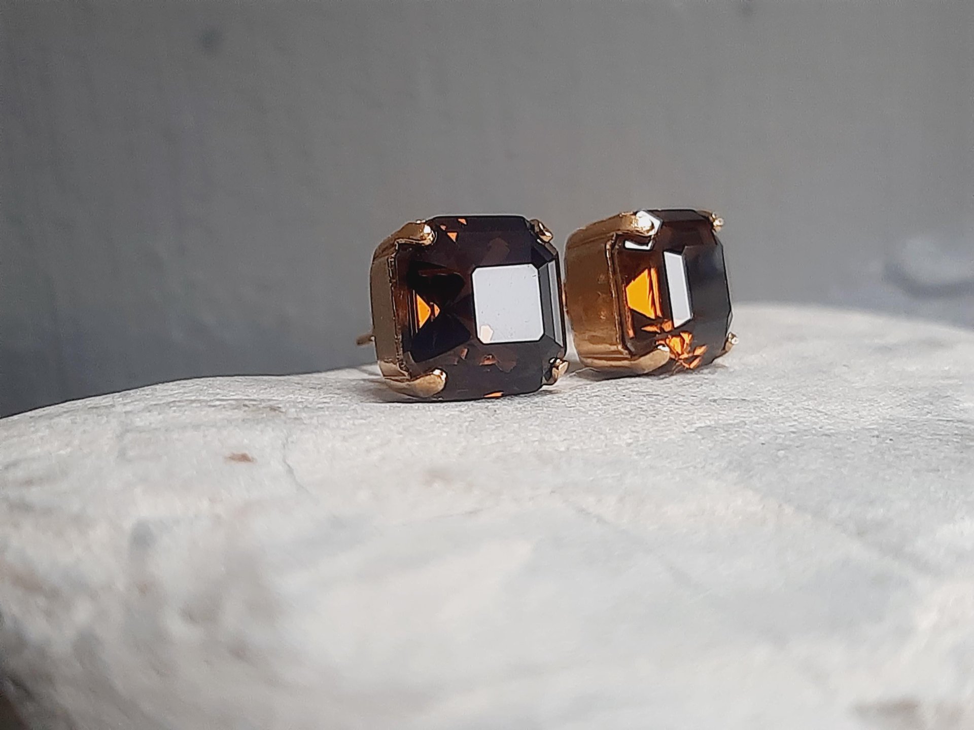 Mocca Brown Asscher Stud Earrings in Gold Plated
