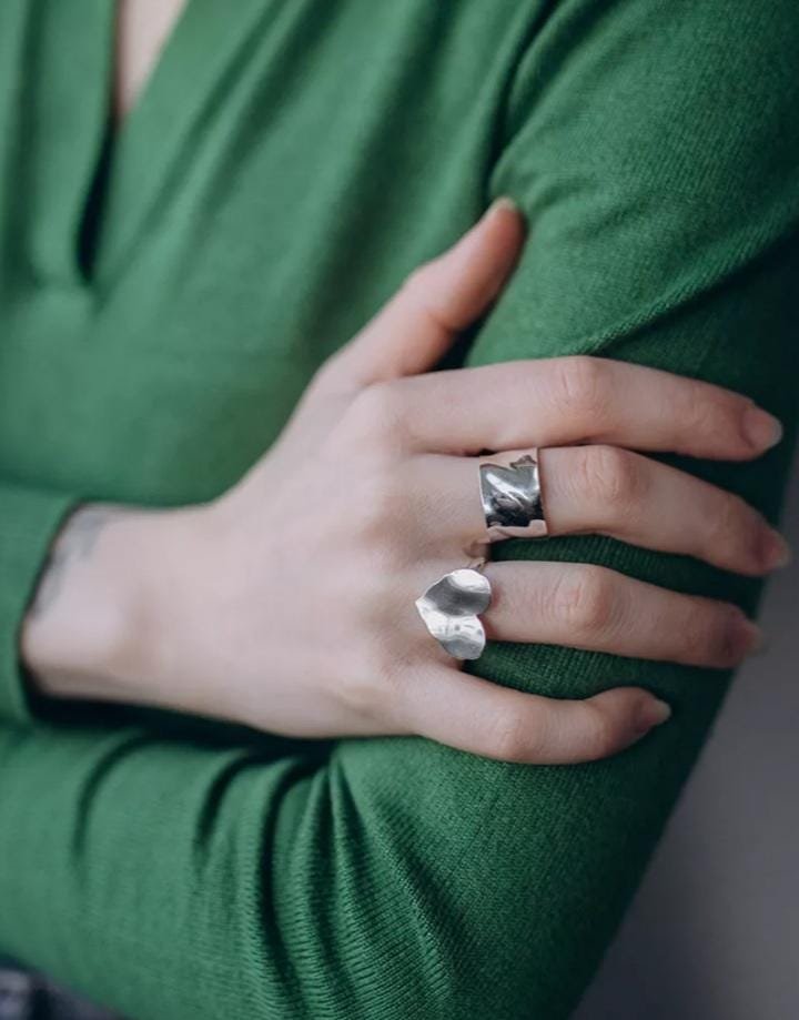 Sterling Silver Hammered Heart Ring: Adjustable 925 Band