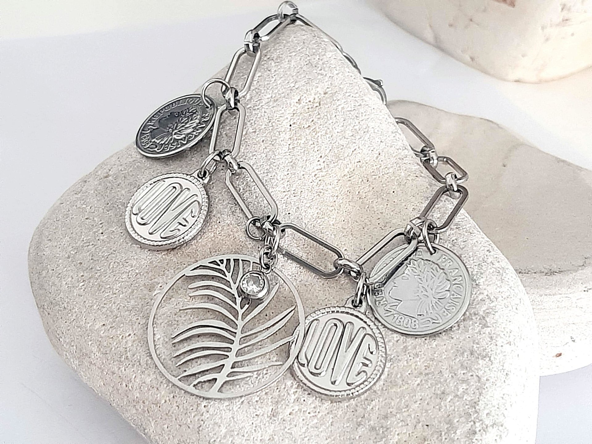 Stainless Steel Charms Bracelet | Multi Charm Bracelet with Silver Coins
