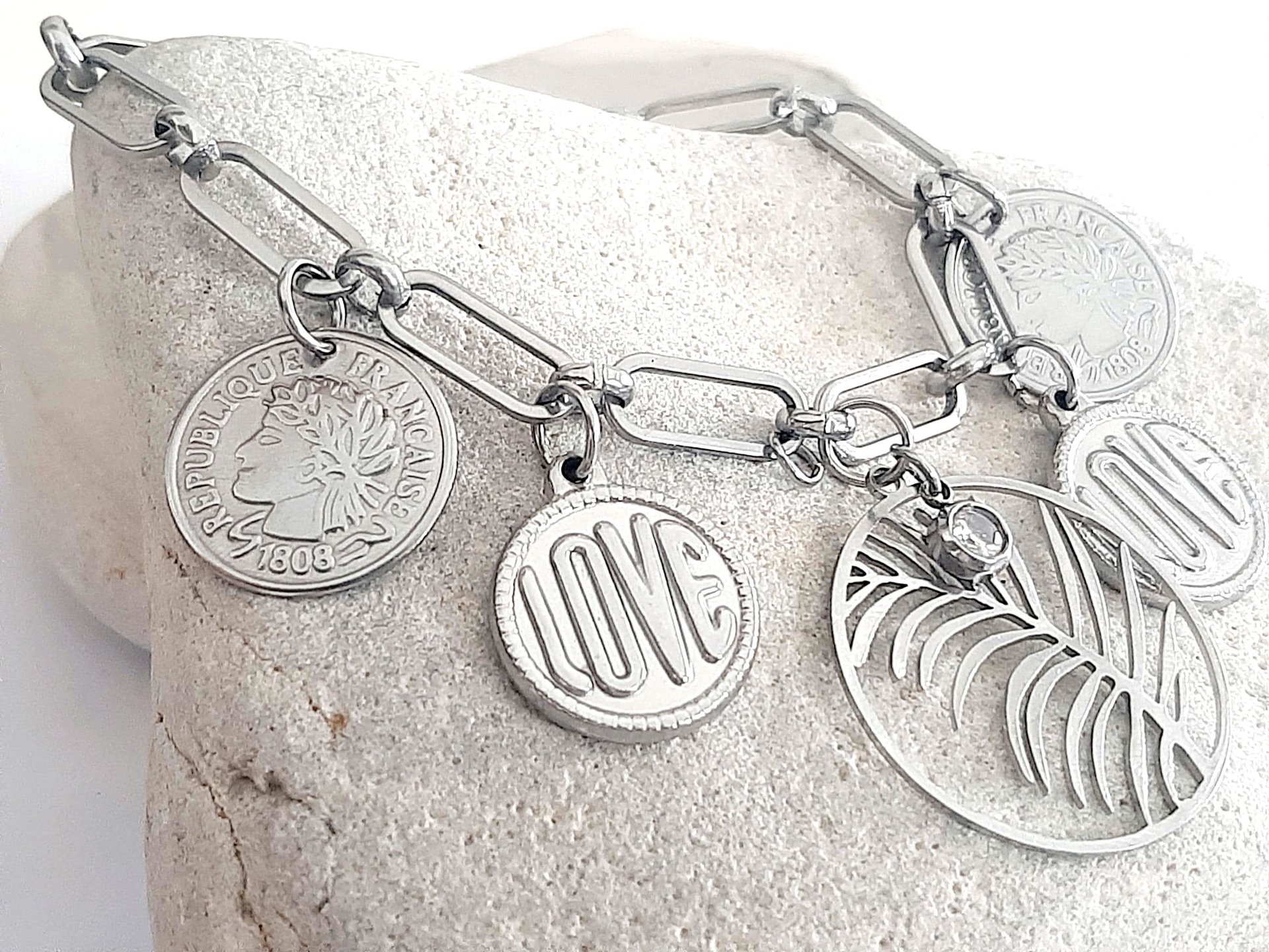 Stainless Steel Charms Bracelet | Multi Charm Bracelet with Silver Coins