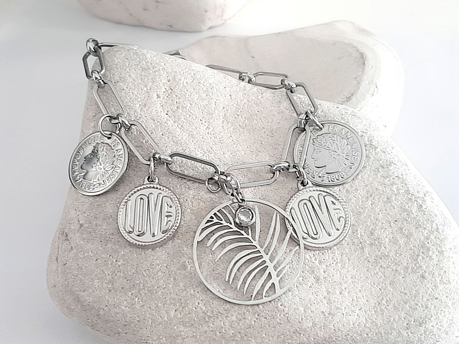 Stainless Steel Charms Bracelet | Multi Charm Bracelet with Silver Coins