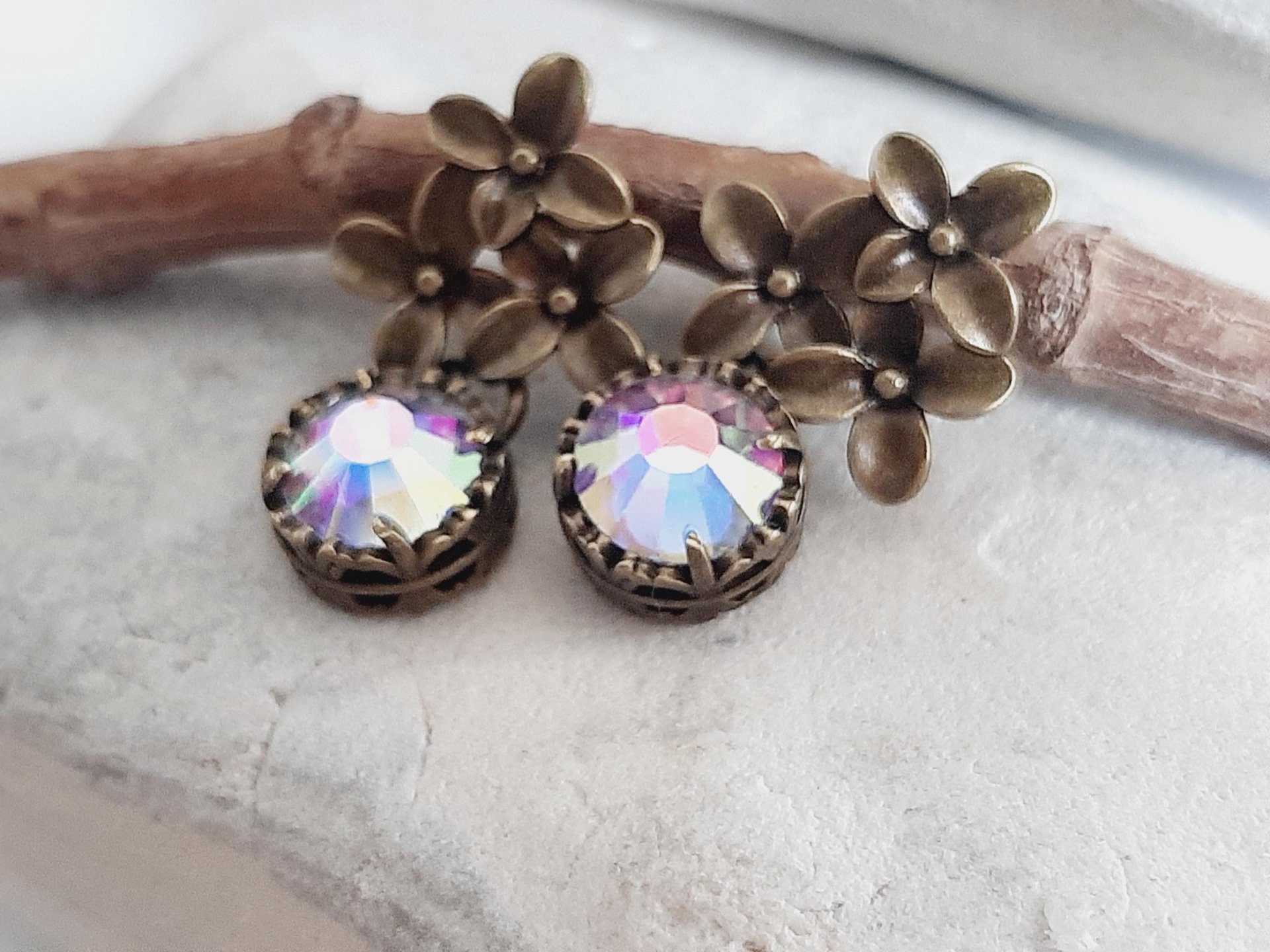 Aurora Borealis Flower Dangle Earrings in Antique Bronze 