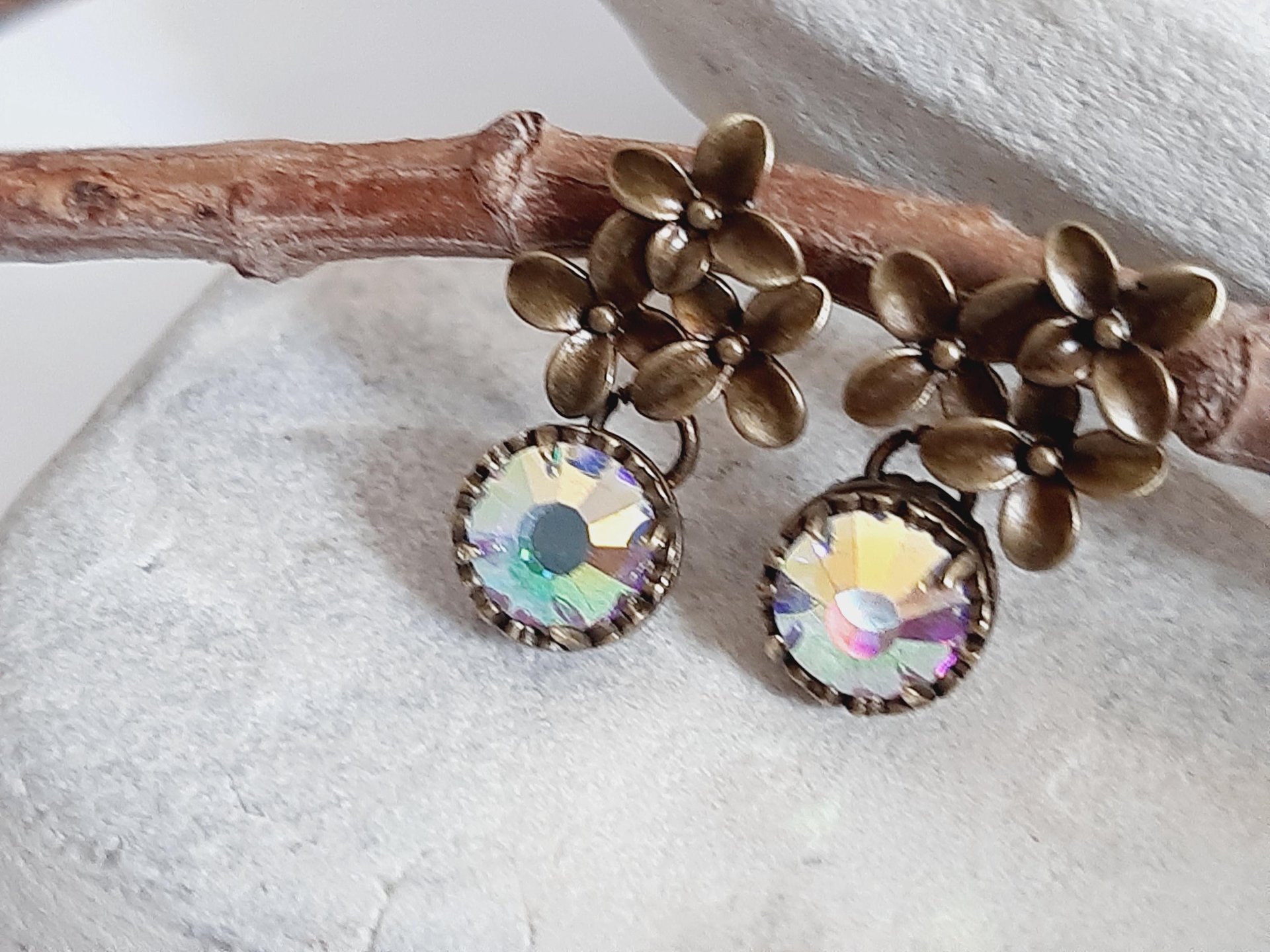 Aurora Borealis Flower Dangle Earrings in Antique Bronze 