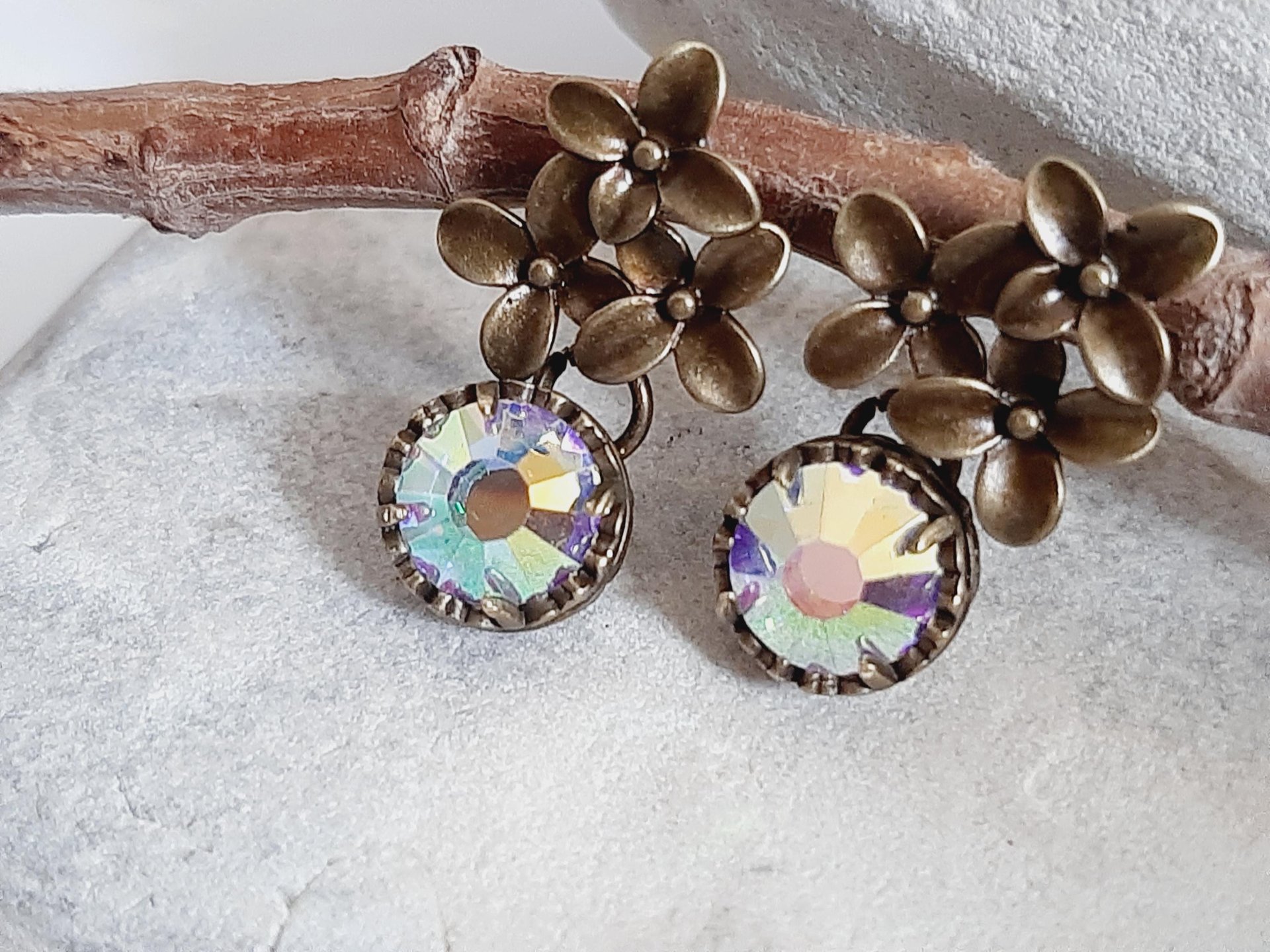 Aurora Borealis Flower Dangle Earrings in Antique Bronze 