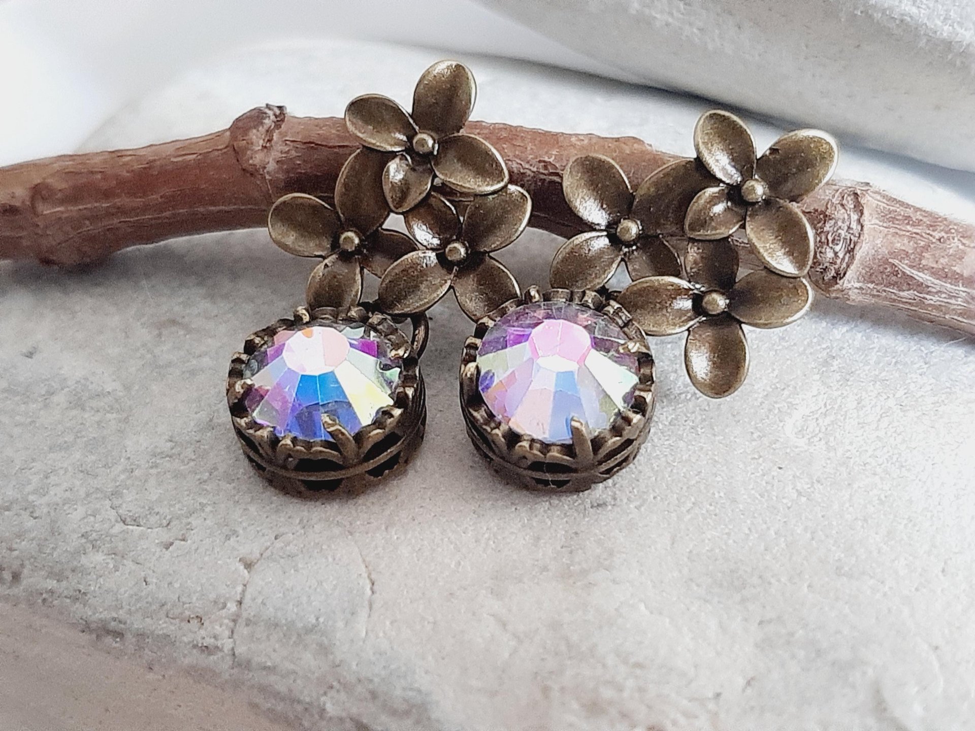 Aurora Borealis Flower Dangle Earrings in Antique Bronze 