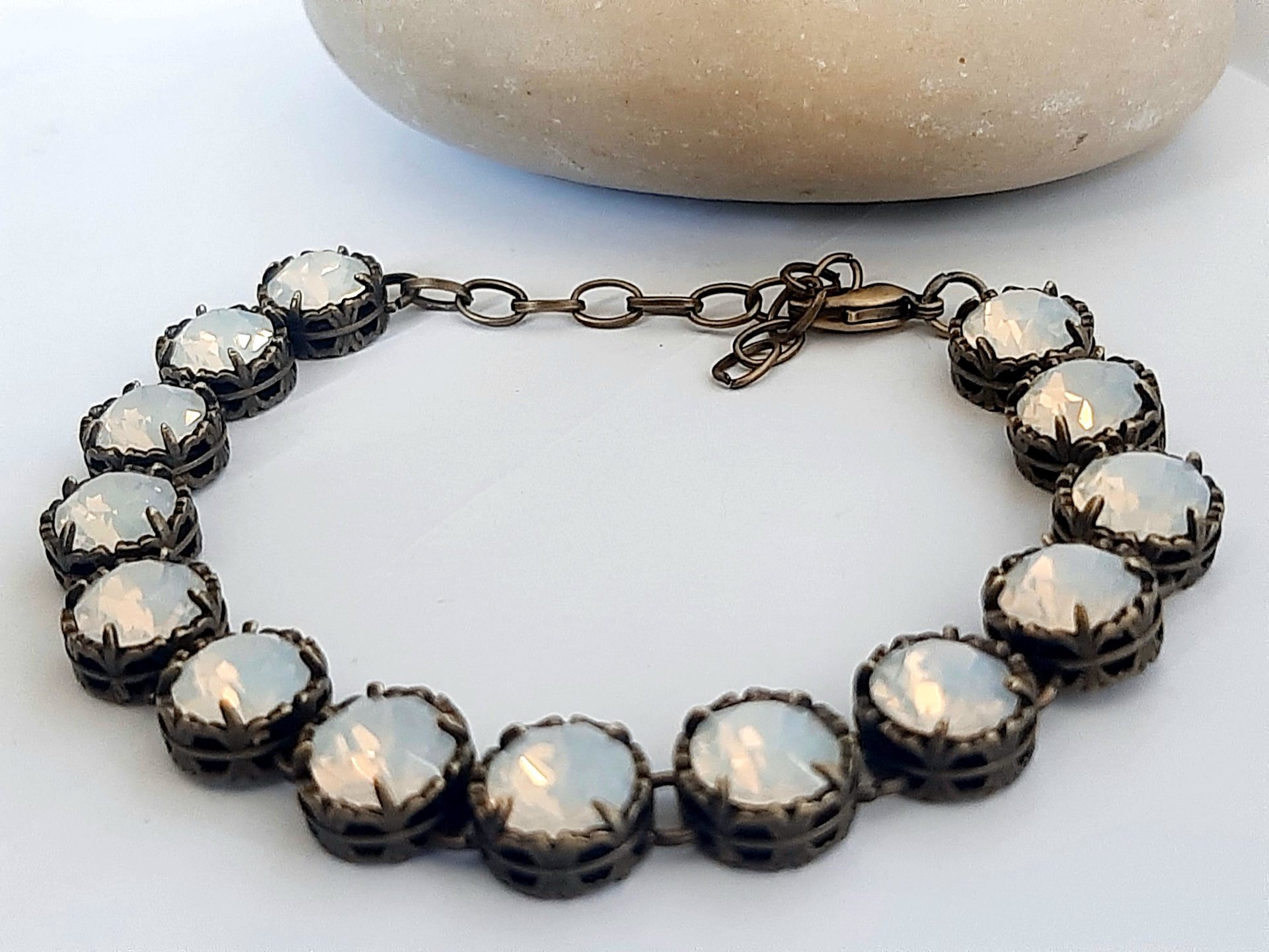 Antique Bronze Bracelet with White Opal Crystals Art Deco Rhinestone Bracelets for Women Unique Filigree Jewelry for Birthday Gift for Mum