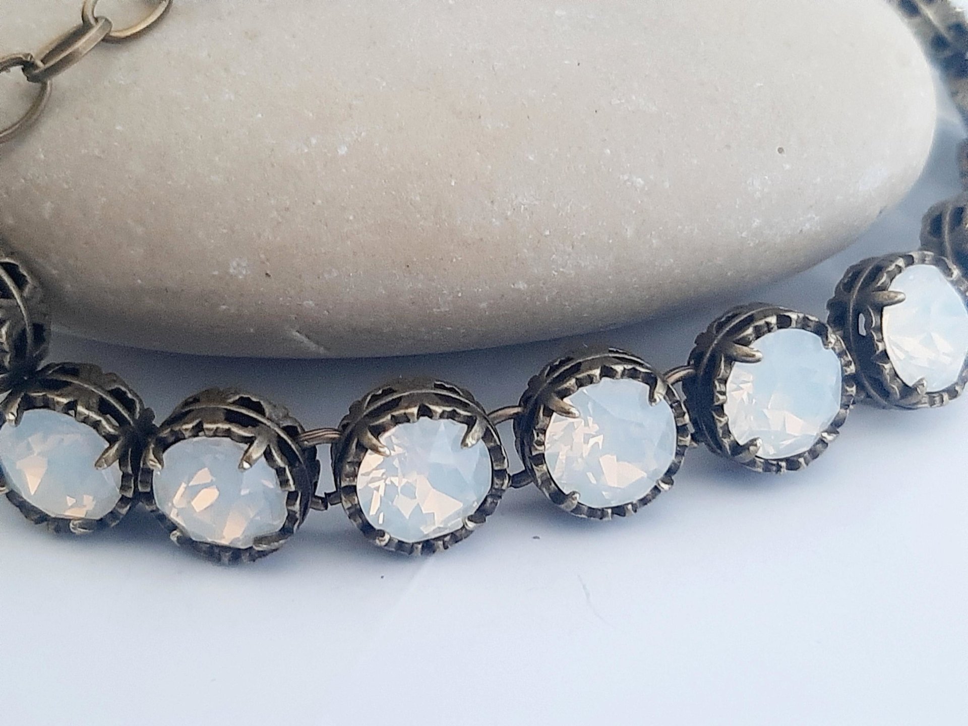 Antique Bronze Bracelet with White Opal Crystals Art Deco Rhinestone Bracelets for Women Unique Filigree Jewelry for Birthday Gift for Mum