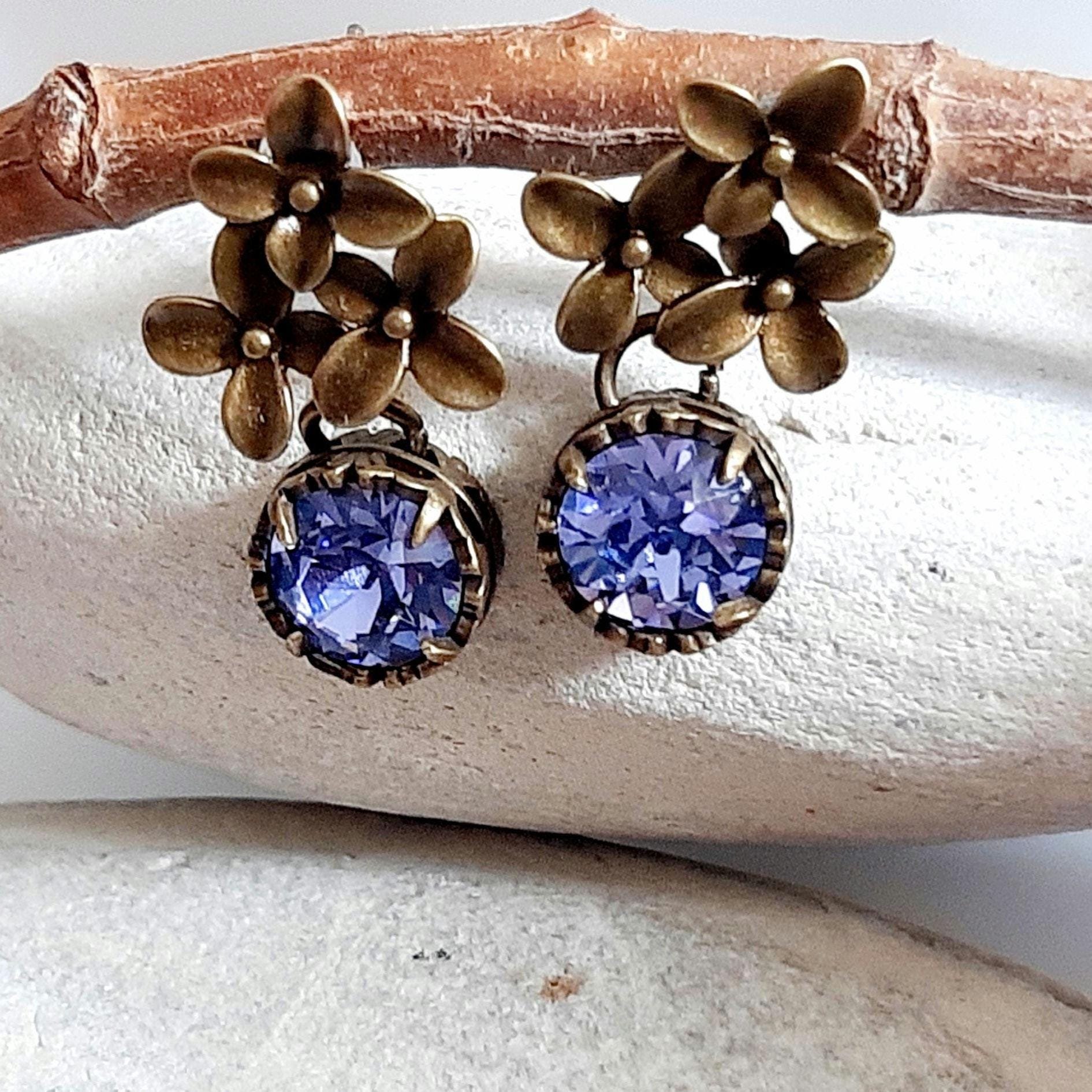 Flower Tanzanite Dangle Earrings Antique Bronze Jewelry Austrian Crystal Earrings Nature-Inspired, Vintage Style Floral Gift for Daughter