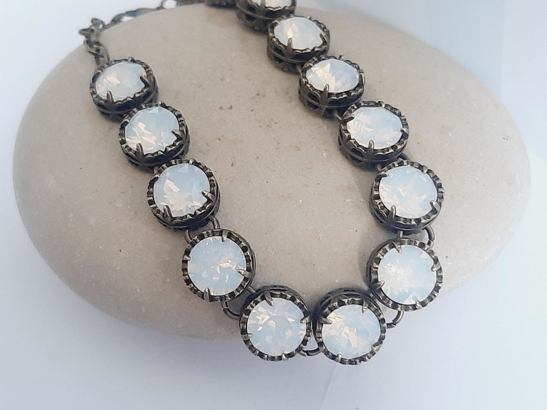 Antique Bronze Bracelet with White Opal Crystals Art Deco Rhinestone Bracelets for Women Unique Filigree Jewelry for Birthday Gift for Mum