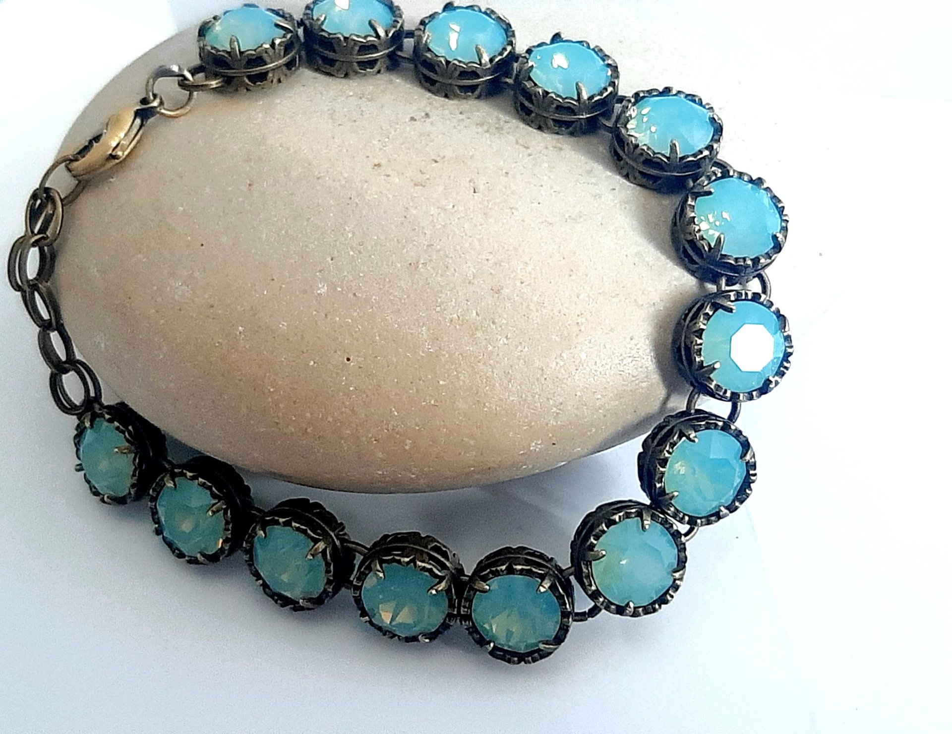 Antique Bronze Bracelet with Pacific Opal Crystals Art Deco Rhinestone Blue Bracelets, Women Unique Filigree Jewelry, Birthday Gift for Mum