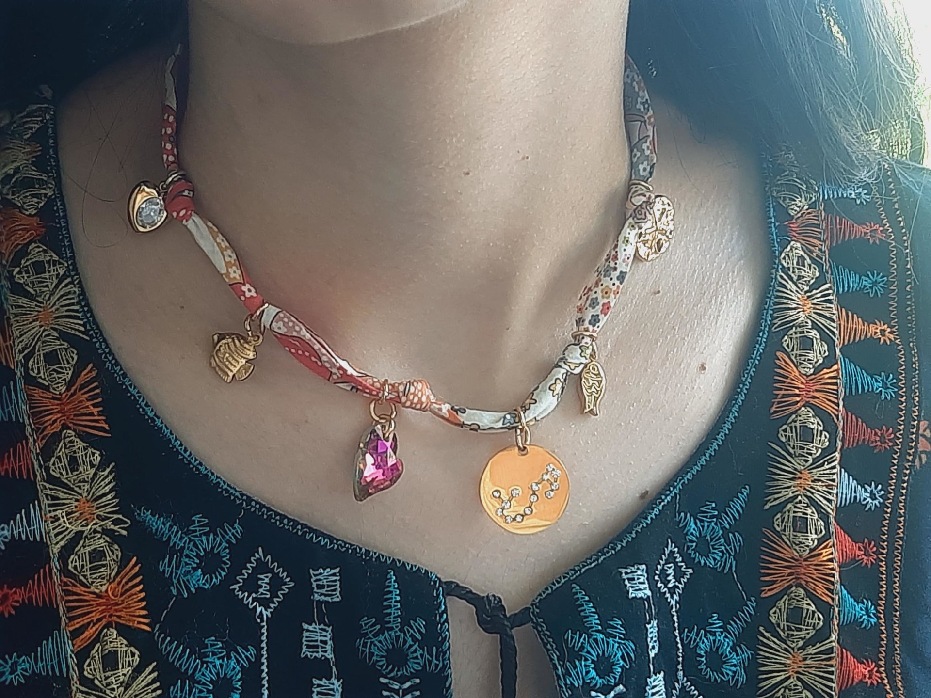 Personalized Bohemian Bandana Necklace: Zodiac Charm, Colorful Ribbon