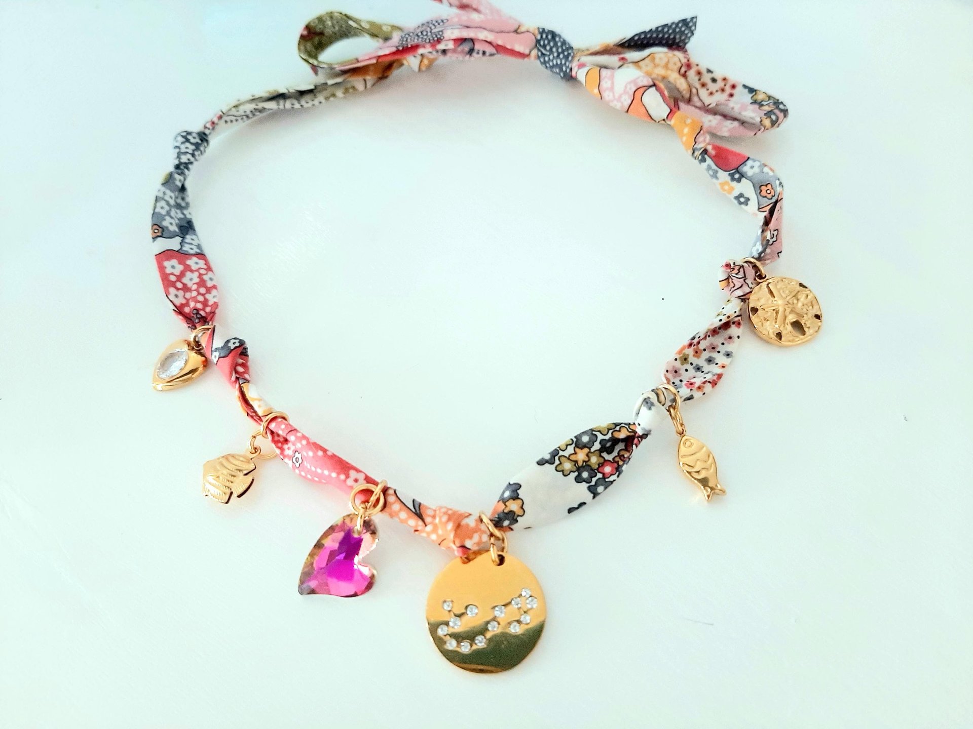 Personalized Bohemian Bandana Necklace: Zodiac Charm, Colorful Ribbon