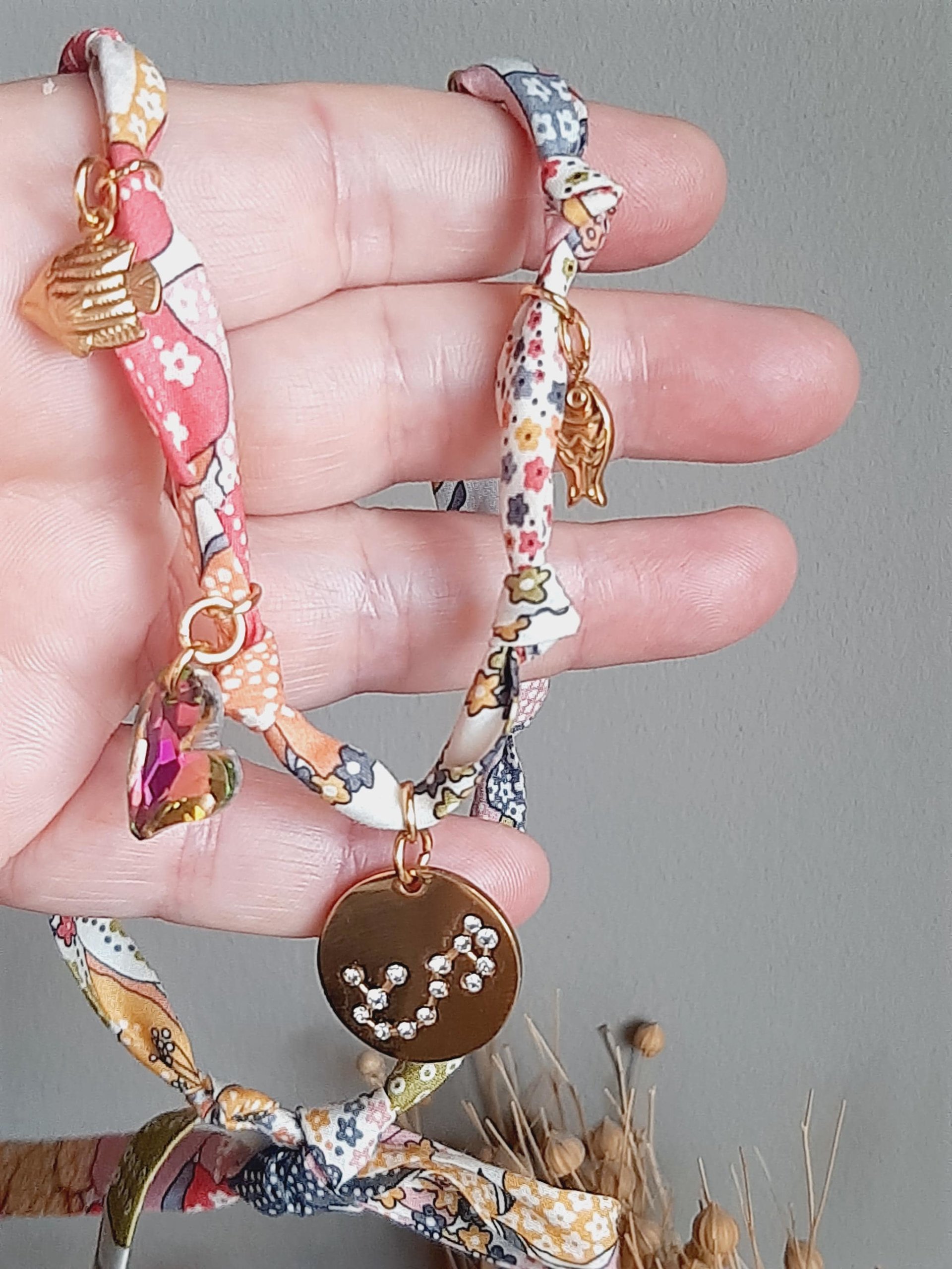 Personalized Bohemian Bandana Necklace: Zodiac Charm, Colorful Ribbon