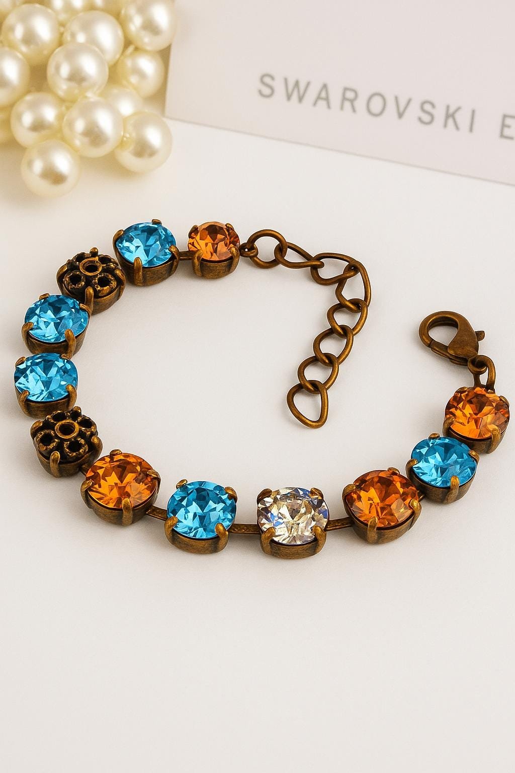 Antique Bronze Crystal Bracelet Vintage Style Cup Chain Bracelets with Austrian Rhinestones Blue & Honey Topaz Jewelry Gift for Sister