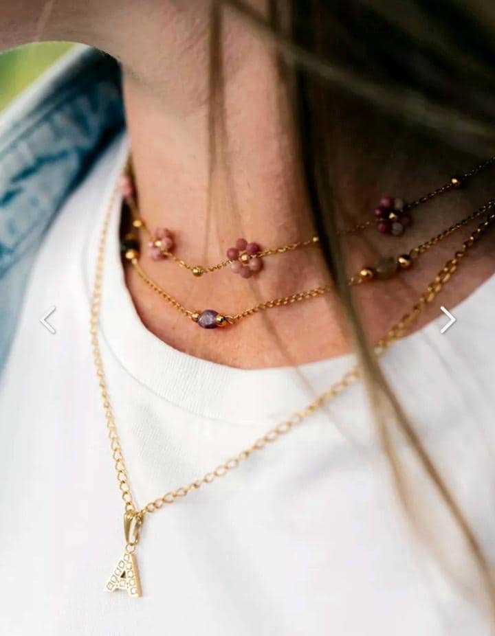 Stainless steel Charm Necklaces, Rhodochrosite Flower Stone Choker, Zircon Letter Pendant, Amethyst Beads Necklace, Layering Jewelry Gift