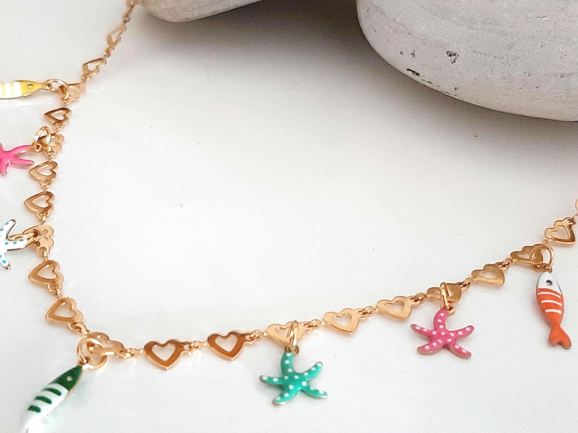 Gold Heart Chain Necklace with Charms | Enamel Fish and StarsGold Stainless steel