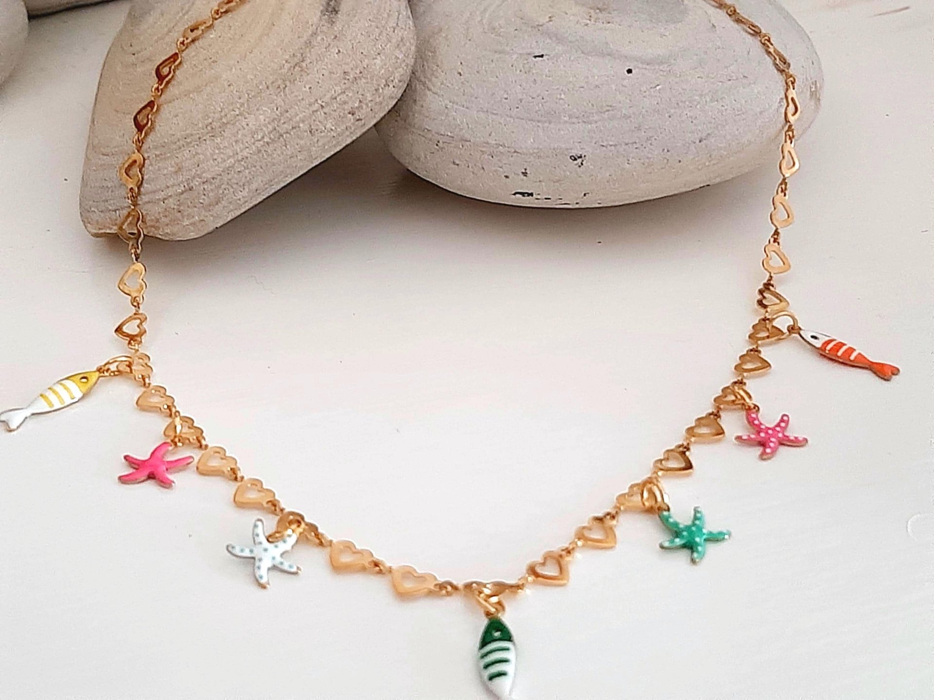 Gold Heart Chain Necklace with Charms | Enamel Fish and StarsGold Stainless steel