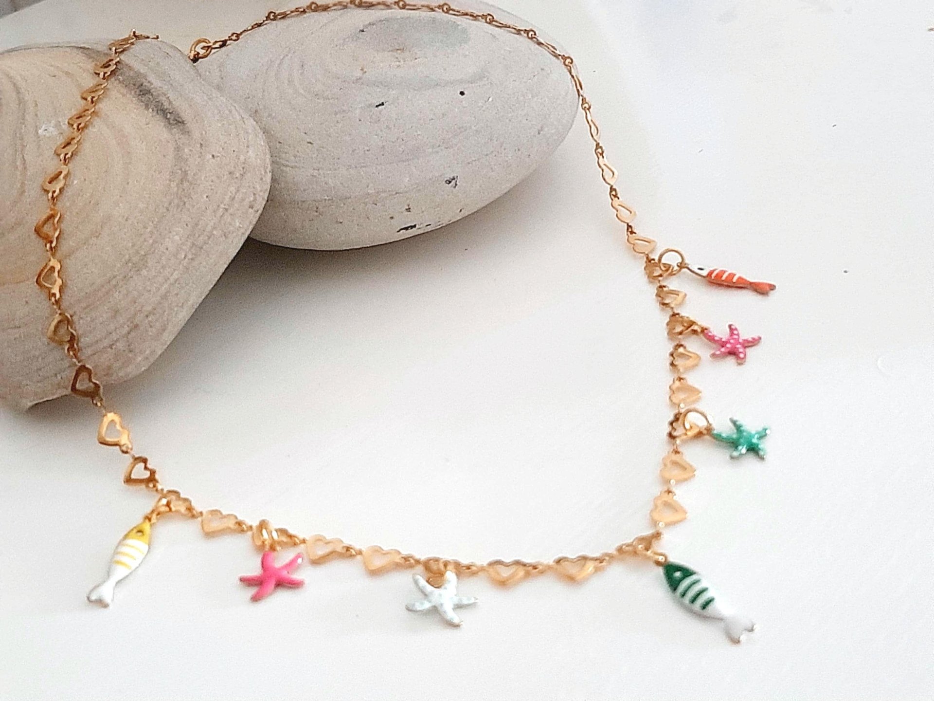 Gold Heart Chain Necklace with Charms | Enamel Fish and StarsGold Stainless steel