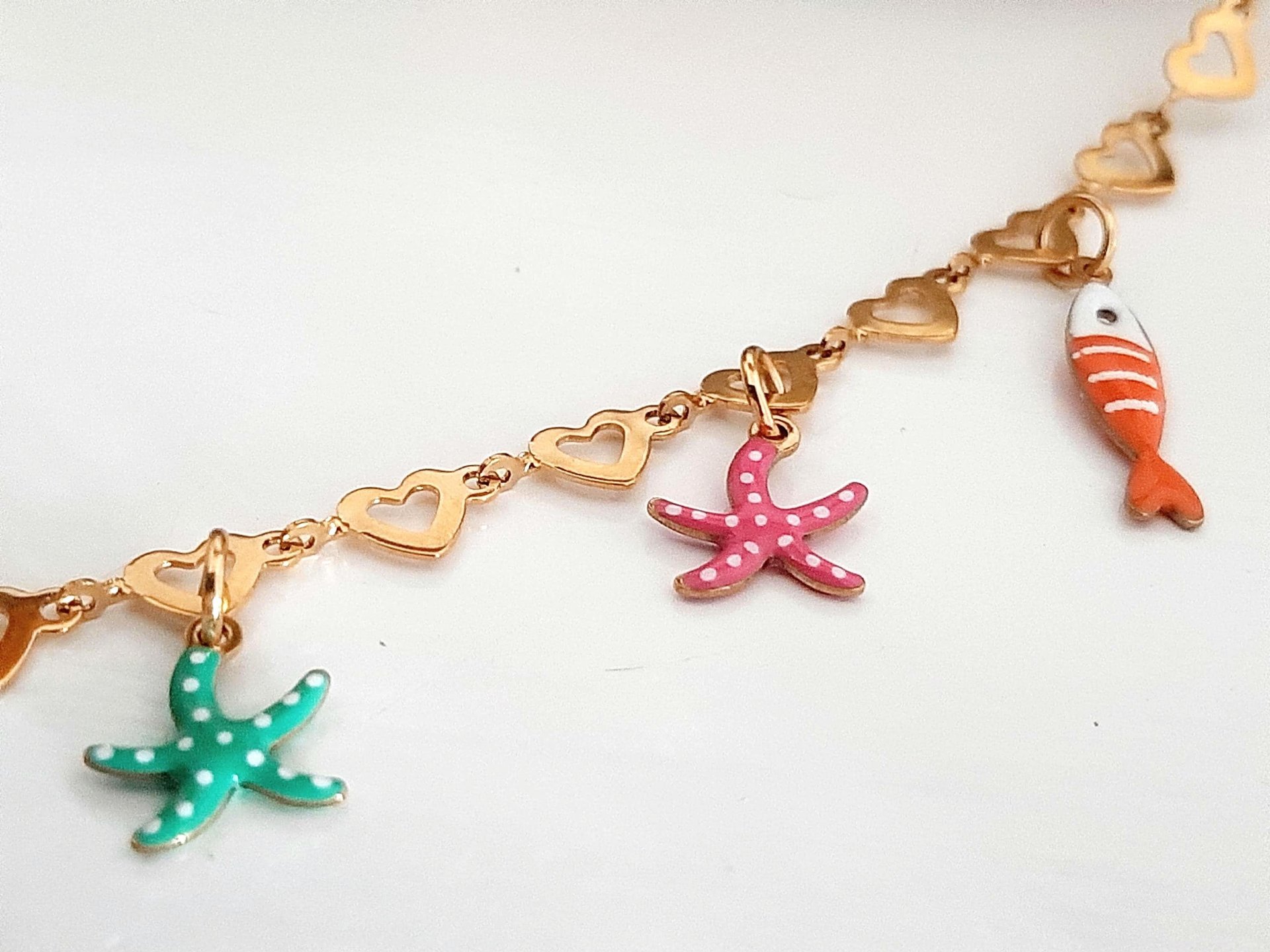 Gold Heart Chain Necklace with Charms | Enamel Fish and StarsGold Stainless steel