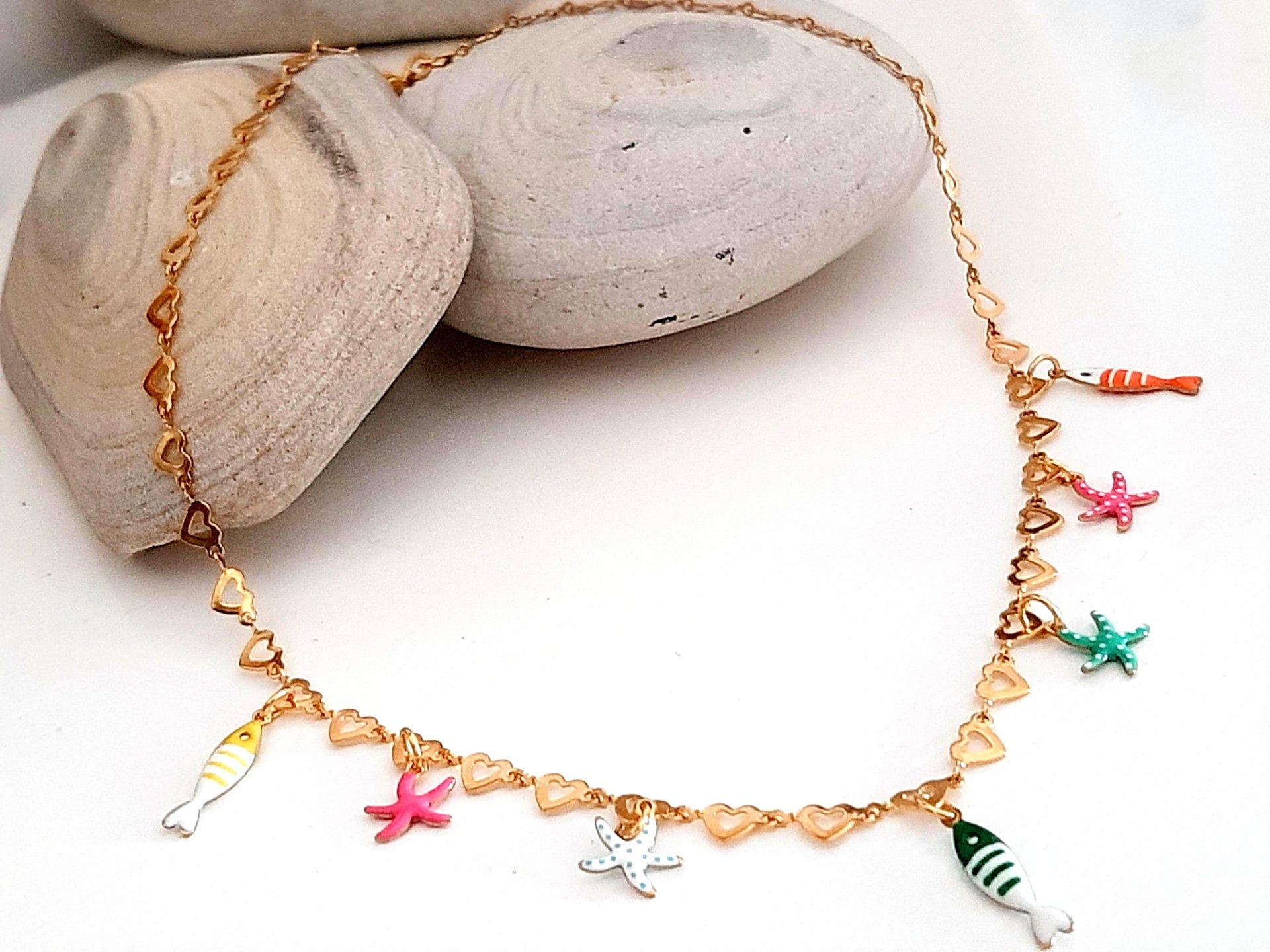 Gold Heart Chain Necklace with Charms | Enamel Fish and StarsGold Stainless steel