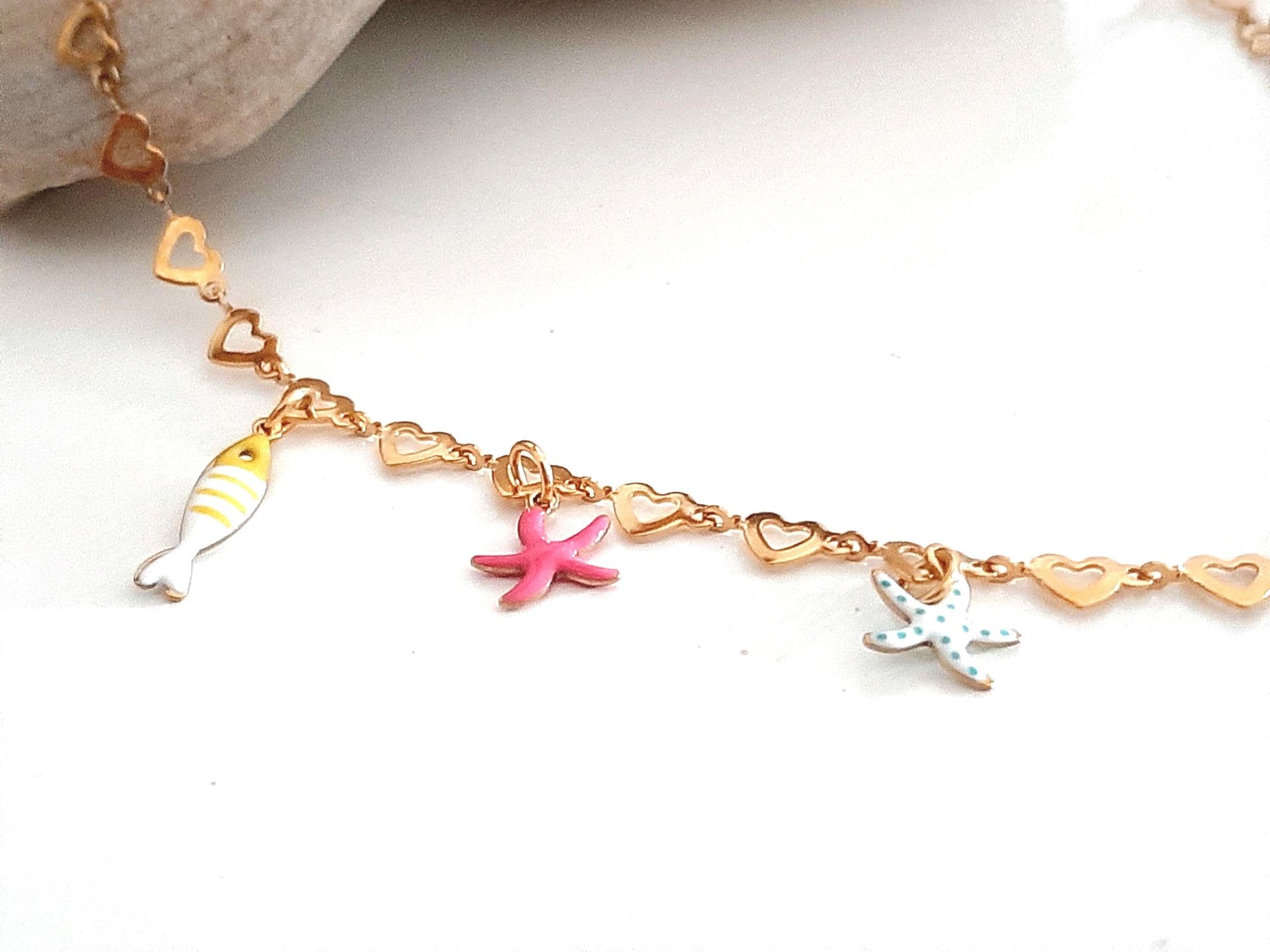 Gold Heart Chain Necklace with Charms | Enamel Fish and StarsGold Stainless steel